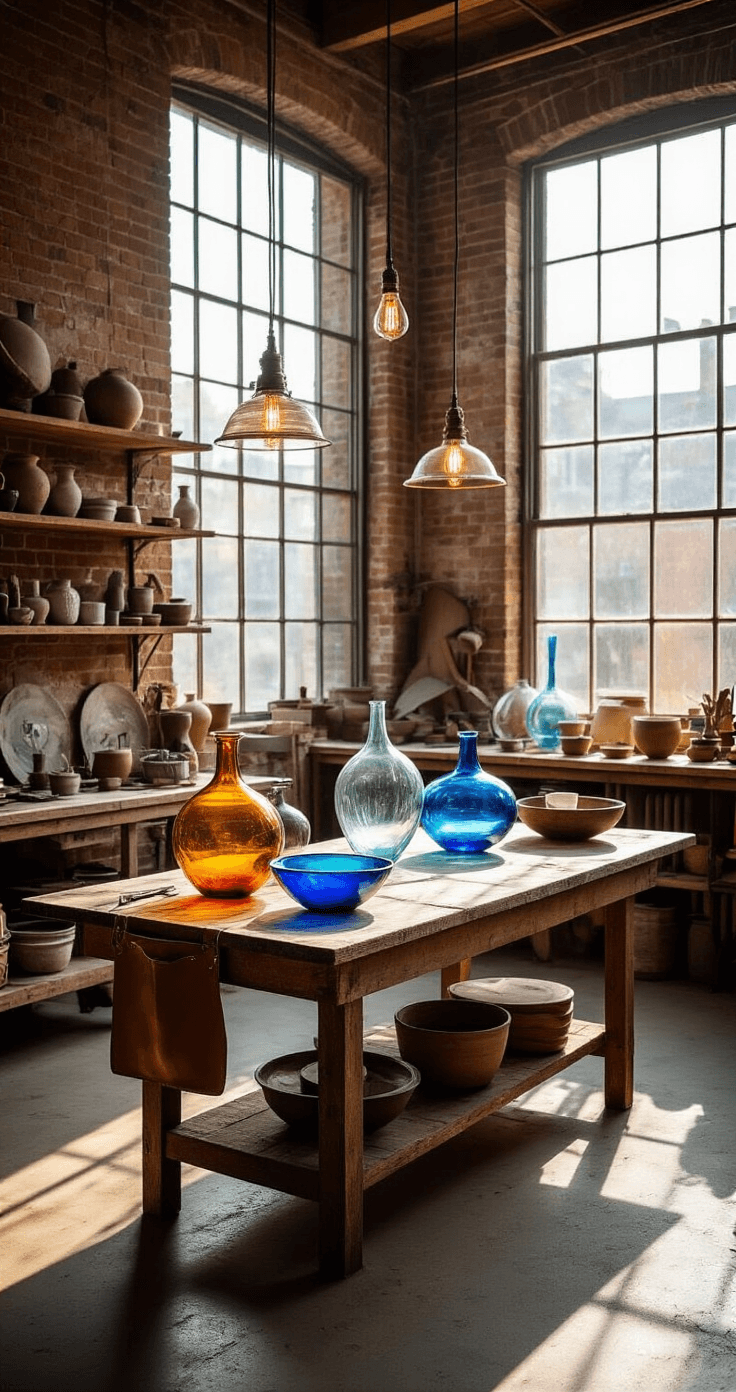 Christmas Gifts That'll Actually Make People Happy in 2026 An artisan's workshop filled with handcrafted glass art, featuring a rustic wood table displaying amber vases, cobalt blue bowls, and clear sculptural forms, with natural light from large windows, exposed brick walls, polished concrete floors, and colorful glass fragments scattered across the workspace.