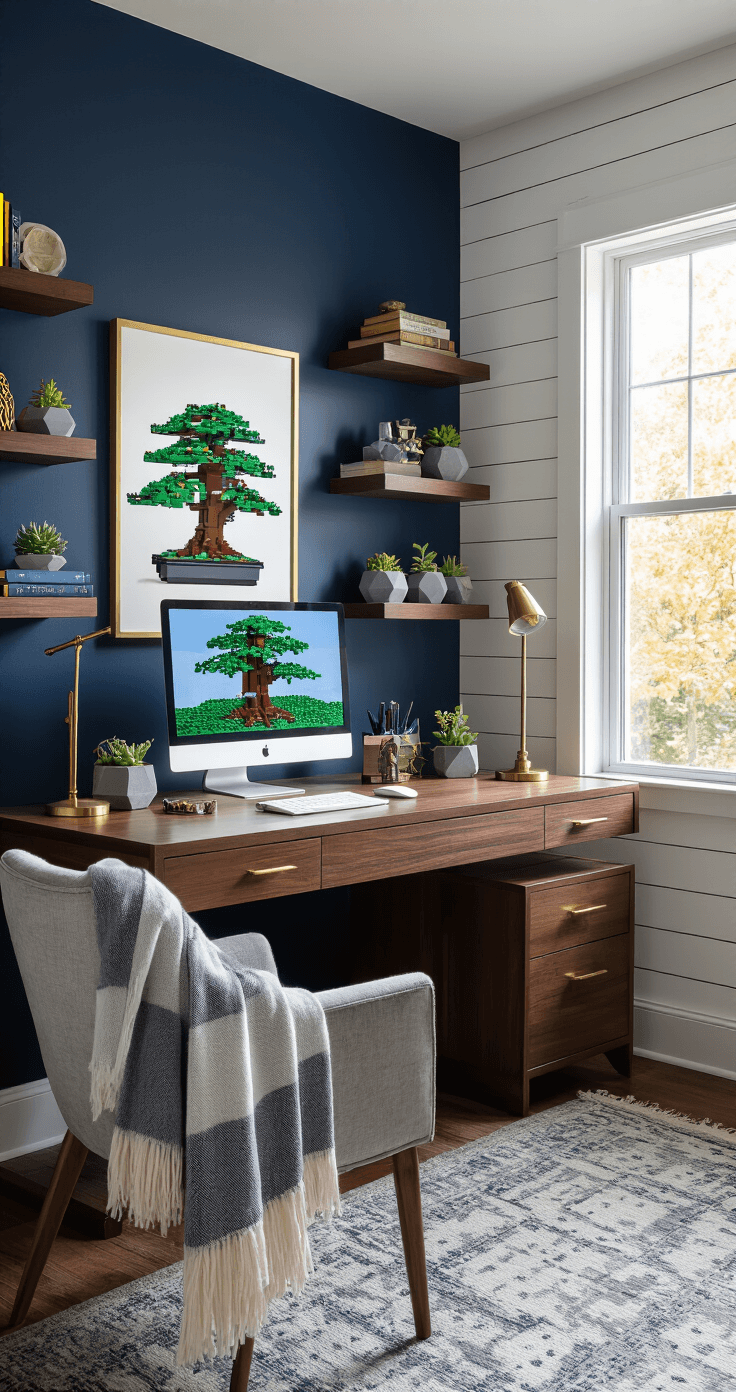 Christmas Gifts That'll Actually Make People Happy in 2026 A stylish home office featuring a walnut standing desk with a LEGO Bonsai Tree centerpiece, brass accessories, and a sleek monitor, set against navy blue and white shiplap walls, illuminated by warm afternoon light. A modern chair draped with a personalized blanket and floating shelves adorned with succulents and personal items complete the cozy yet professional space.