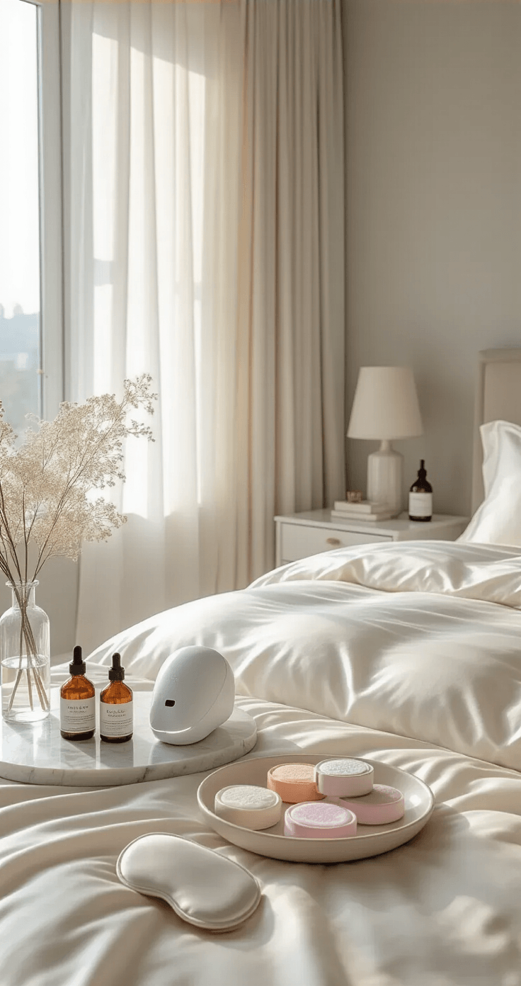 Christmas Gifts That'll Actually Make People Happy in 2026 A luxurious bedroom sanctuary with silk textiles, a king-sized bed adorned with ivory silk linens, a marble nightstand showcasing high-end skincare products, and fresh white peonies, all bathed in soft morning light.