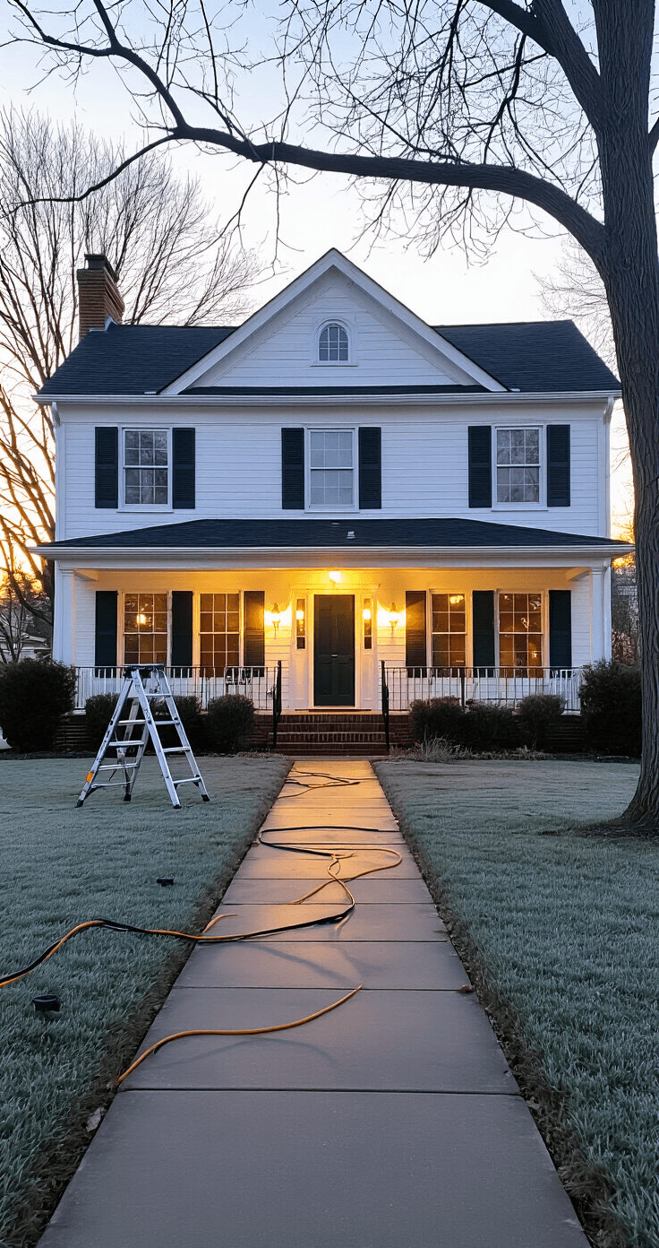 How I Learned to Install Outdoor Christmas Lights Without Burning Down My House (Or Breaking My Neck) A cozy two-story white colonial home with dark green shutters, illuminated by warm LED lights, set against a golden hour sky, showcasing meticulous outdoor preparations for festive lighting amid frost-covered lawns and winter trees.