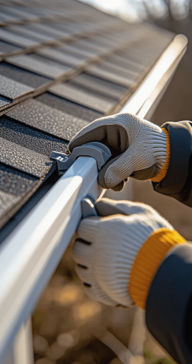 How I Learned to Install Outdoor Christmas Lights Without Burning Down My House (Or Breaking My Neck) Close-up of insulated gloves installing innovative slide-on plastic gutter clips on white aluminum gutters, with warm white LED light strands nearby, capturing the detailed texture of the clips and lights against a blurred background of a well-maintained charcoal gray roofline.