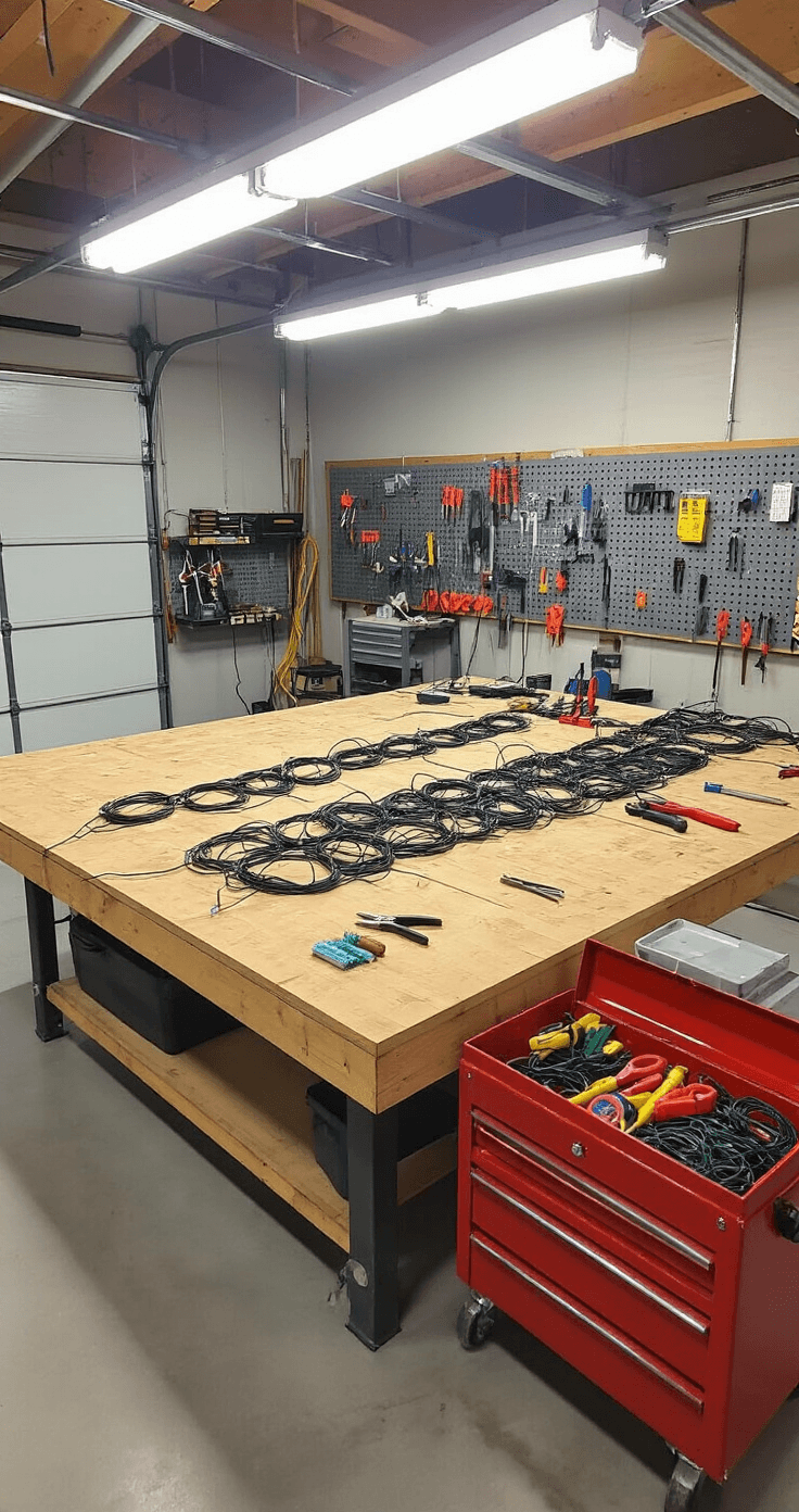 How I Learned to Install Outdoor Christmas Lights Without Burning Down My House (Or Breaking My Neck) An organized garage workshop with bright fluorescent lighting, featuring a sturdy wooden workbench set up for pre-installation testing of outdoor LED Christmas lights, hand tools neatly arranged in a red toolbox, and pegboard walls displaying sorted hardware, all on an epoxy gray concrete floor.