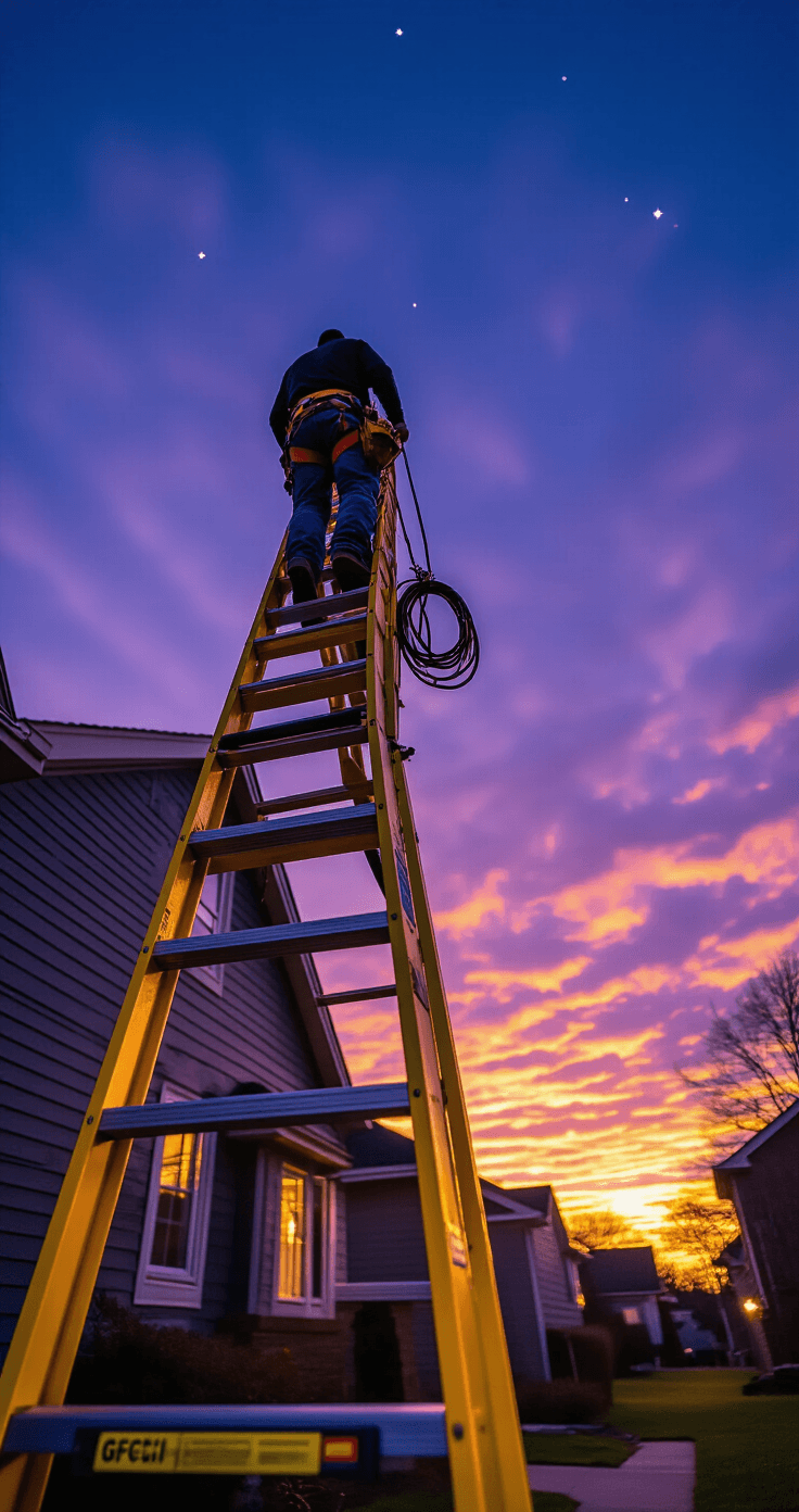 How I Learned to Install Outdoor Christmas Lights Without Burning Down My House (Or Breaking My Neck) A low-angle shot captures a homeowner climbing a yellow fiberglass extension ladder at twilight, silhouetted against a deep purple sky with emerging stars. Warm lights from neighboring homes and holiday displays add a cozy backdrop, while a coiled GFCI-protected extension cord hangs from the installer's tool belt, emphasizing safety as plastic gutter clips await installation.