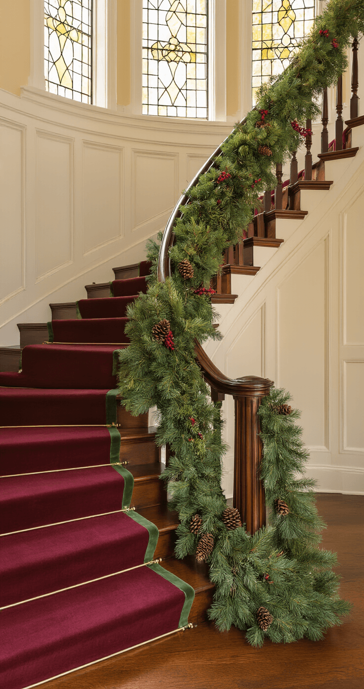 How to Hang Garland on Stairs Without Losing Your Mind (Or Your Safety) Elegant staircase adorned with fresh pine garland along dark mahogany handrails, bathed in golden hour light, highlighting rich hardwood steps and burgundy runner, with cream-colored wainscoted walls and deep red holly berries.