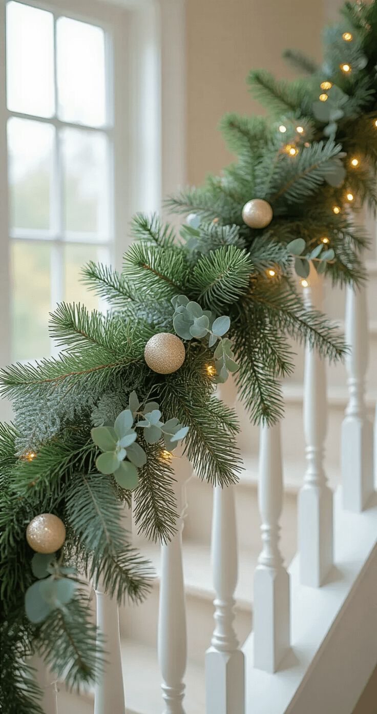 How to Hang Garland on Stairs Without Losing Your Mind (Or Your Safety) Close-up of a white painted banister adorned with a professional three-layer garland, featuring thick artificial pine, silvery eucalyptus, and premium mixed greenery, intertwined with warm white fairy lights; small glass ball ornaments in champagne and sage green catch the morning light, while zip ties secure the garland without obstructing the handrail.