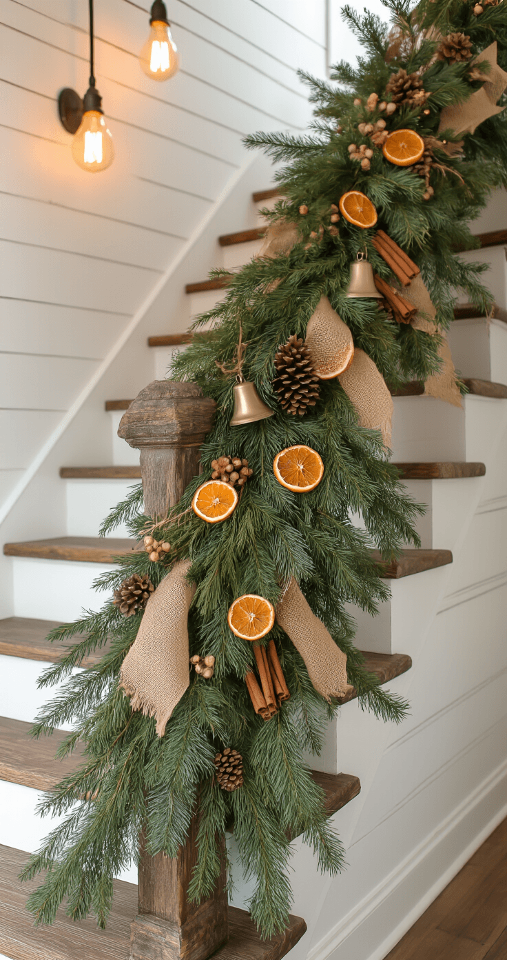 How to Hang Garland on Stairs Without Losing Your Mind (Or Your Safety) Medium shot of a rustic farmhouse staircase adorned with a lush mixed garland of cedar, fir, and pine, accented with dried orange slices, cinnamon sticks, and pinecones, all illuminated by warm vintage Edison bulbs.