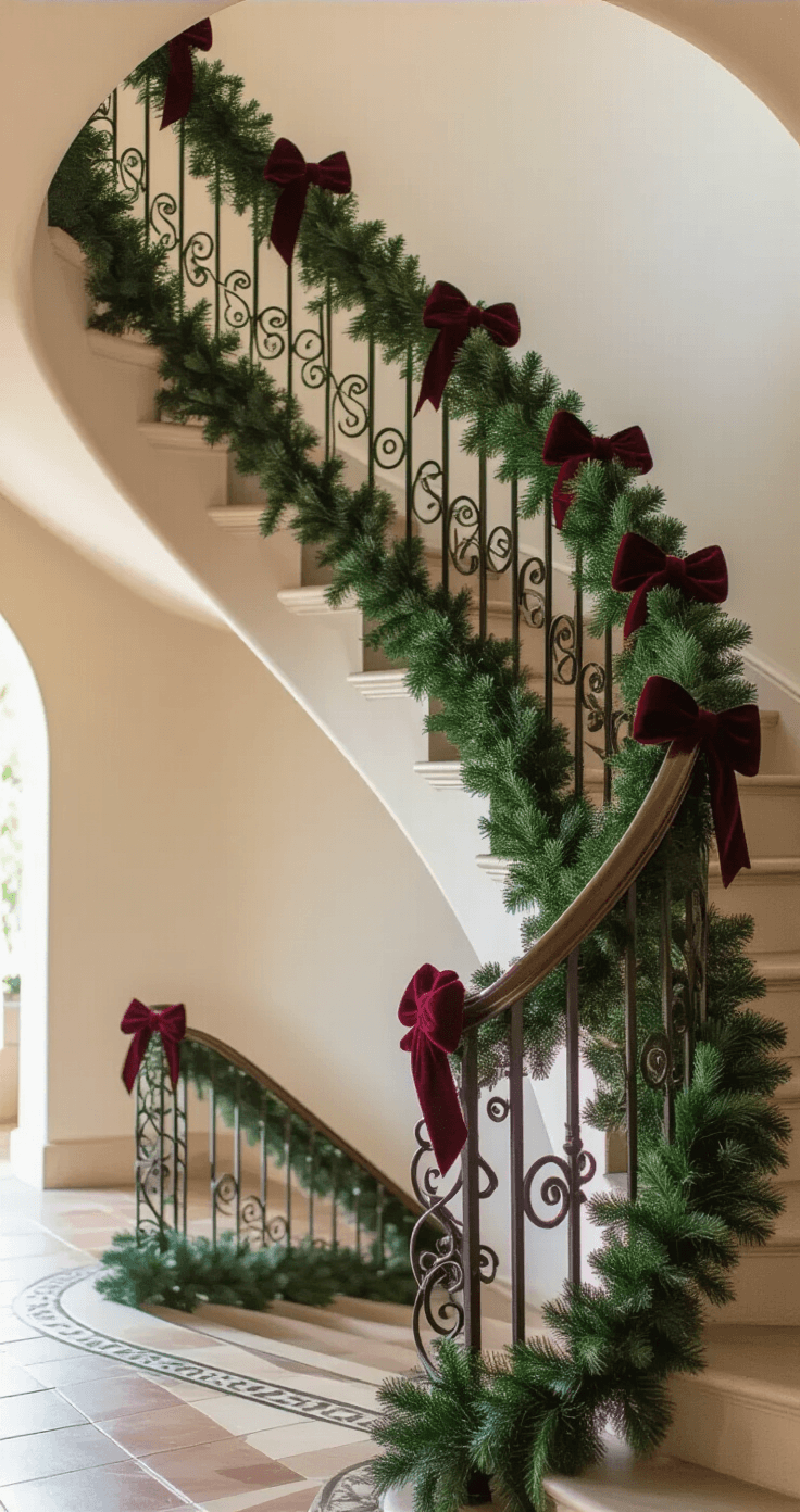 How to Hang Garland on Stairs Without Losing Your Mind (Or Your Safety) Low-angle architectural shot of a curved staircase adorned with deep forest green garland, secured along the handrail with burgundy velvet bows, showcasing wrought iron spindles and Mediterranean tile floors under soft afternoon light.