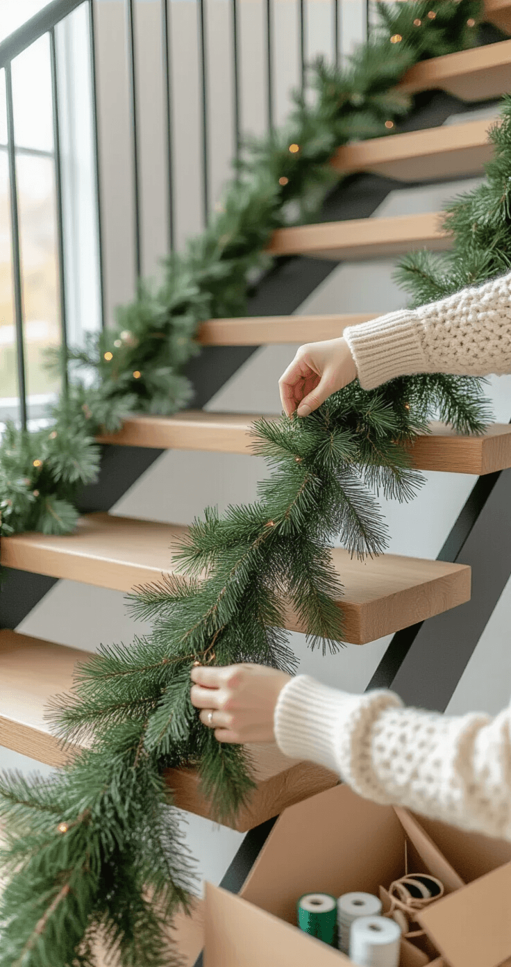 How to Hang Garland on Stairs Without Losing Your Mind (Or Your Safety) Lifestyle shot of hands in cream cable-knit sleeves fluffing a green garland on a modern staircase with floating wood treads, surrounded by ornaments and floral wire, in bright morning light.