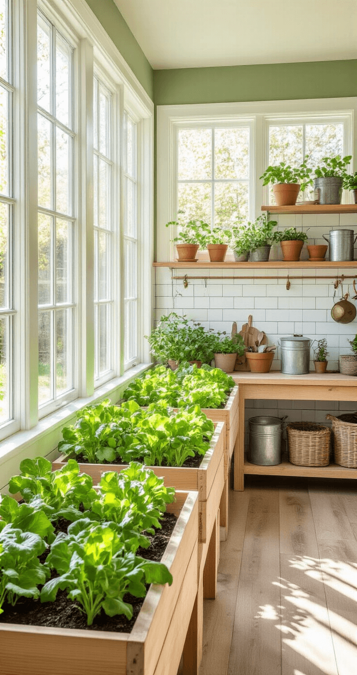 47 Home Garden Ideas That'll Make Your Neighbors Actually Stop and Stare Bright sunroom with wooden planter boxes under floor-to-ceiling windows, showcasing lush lettuce and cherry tomato seedlings, decorated with galvanized watering cans and terracotta pots. Weathered potting bench filled with gardening supplies against sage green walls, illuminated by natural light and pendant lighting.