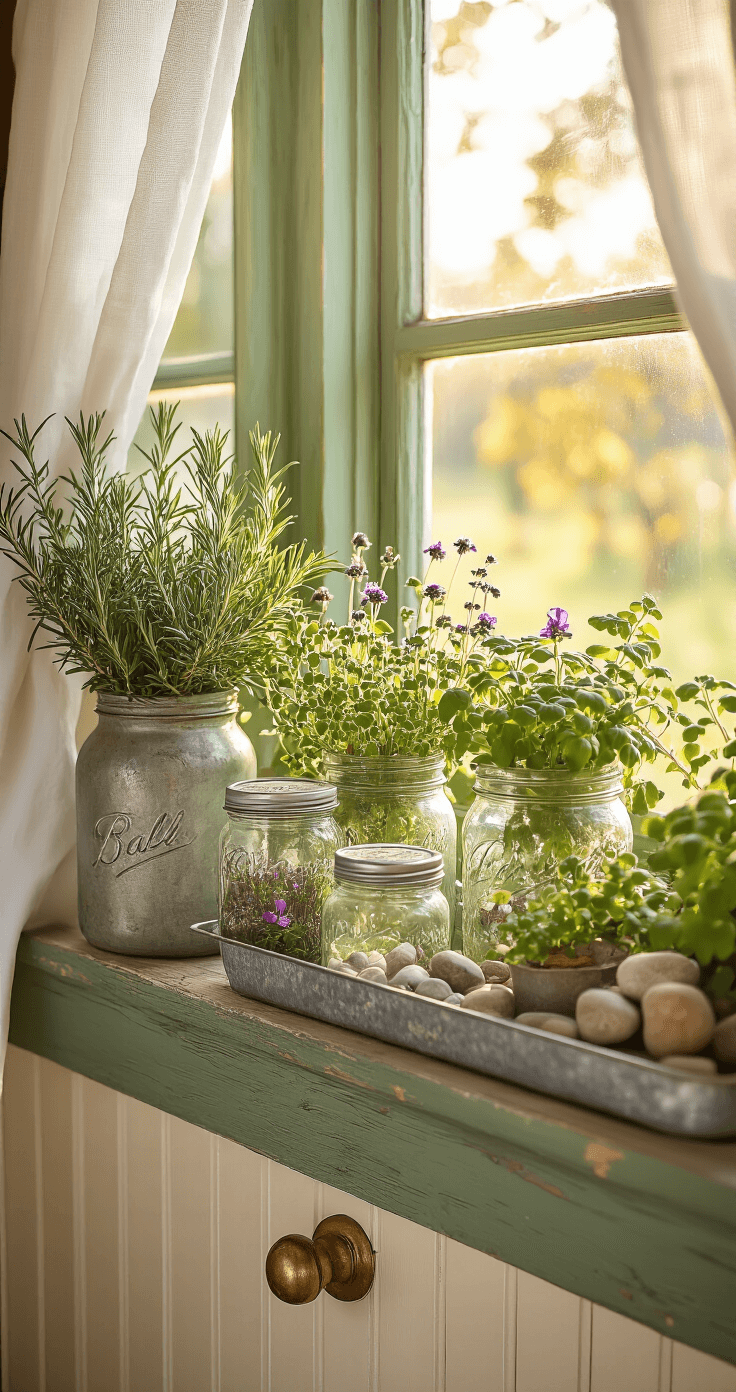 47 Home Garden Ideas That'll Make Your Neighbors Actually Stop and Stare Close-up of a rustic farmhouse kitchen windowsill garden featuring repurposed mason jars with solar lids, filled with fresh herbs and nasturtium blooms, illuminated by warm amber sunlight. The scene includes a weathered sage green window frame, a galvanized metal tray for drainage, decorative earth-toned rocks, cream beadboard wainscoting, and vintage brass fixtures, all emphasizing a cozy and sustainable ambiance during late afternoon.