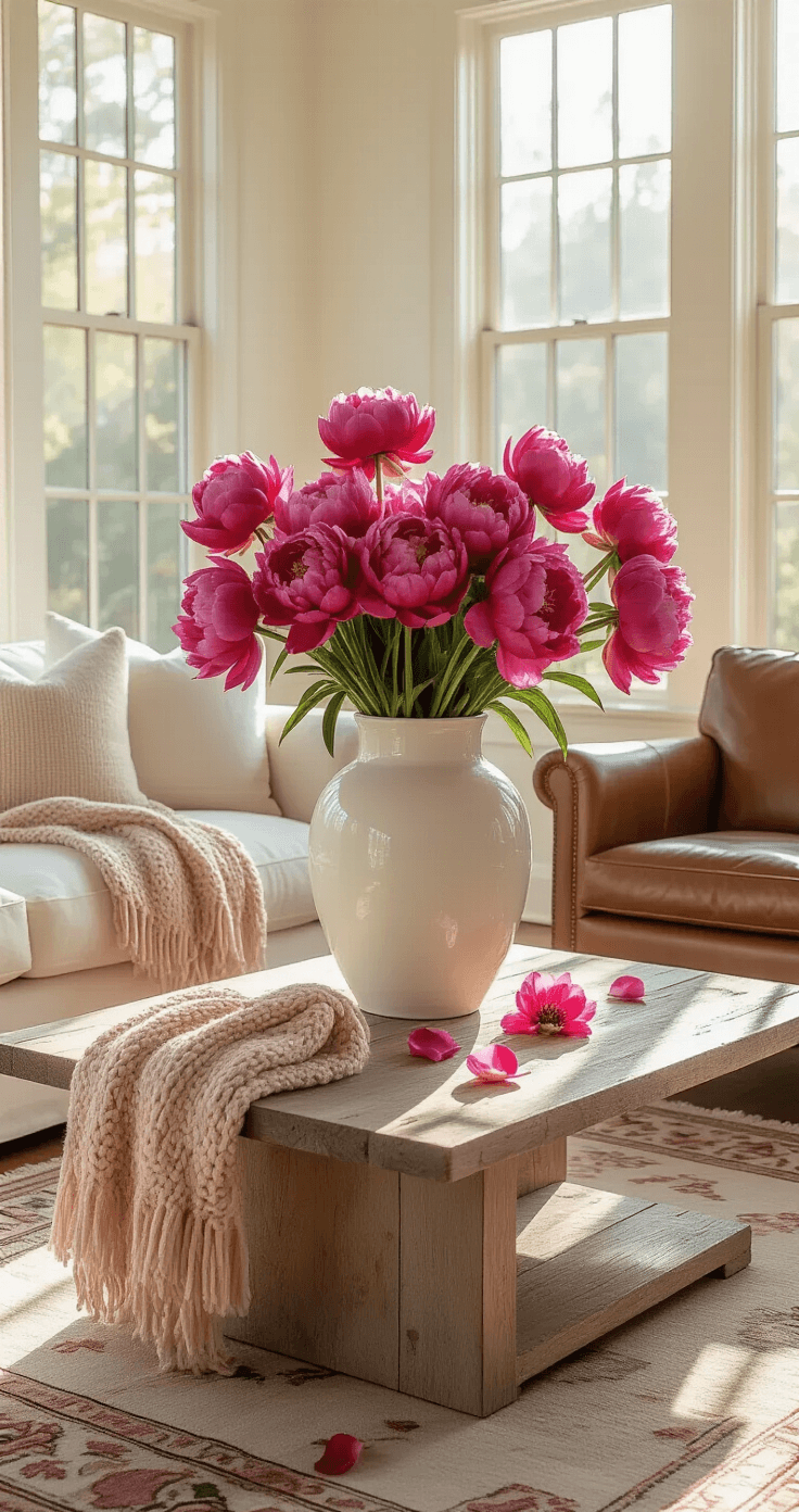 The Pink Flower Garden You've Been Dreaming About (And How to Actually Grow It) Wide-angle interior shot of a sunlit living room with hot pink peonies in a white ceramic vase on a weathered oak coffee table, set against cream linen furniture and a Persian rug, illuminated by golden hour light.