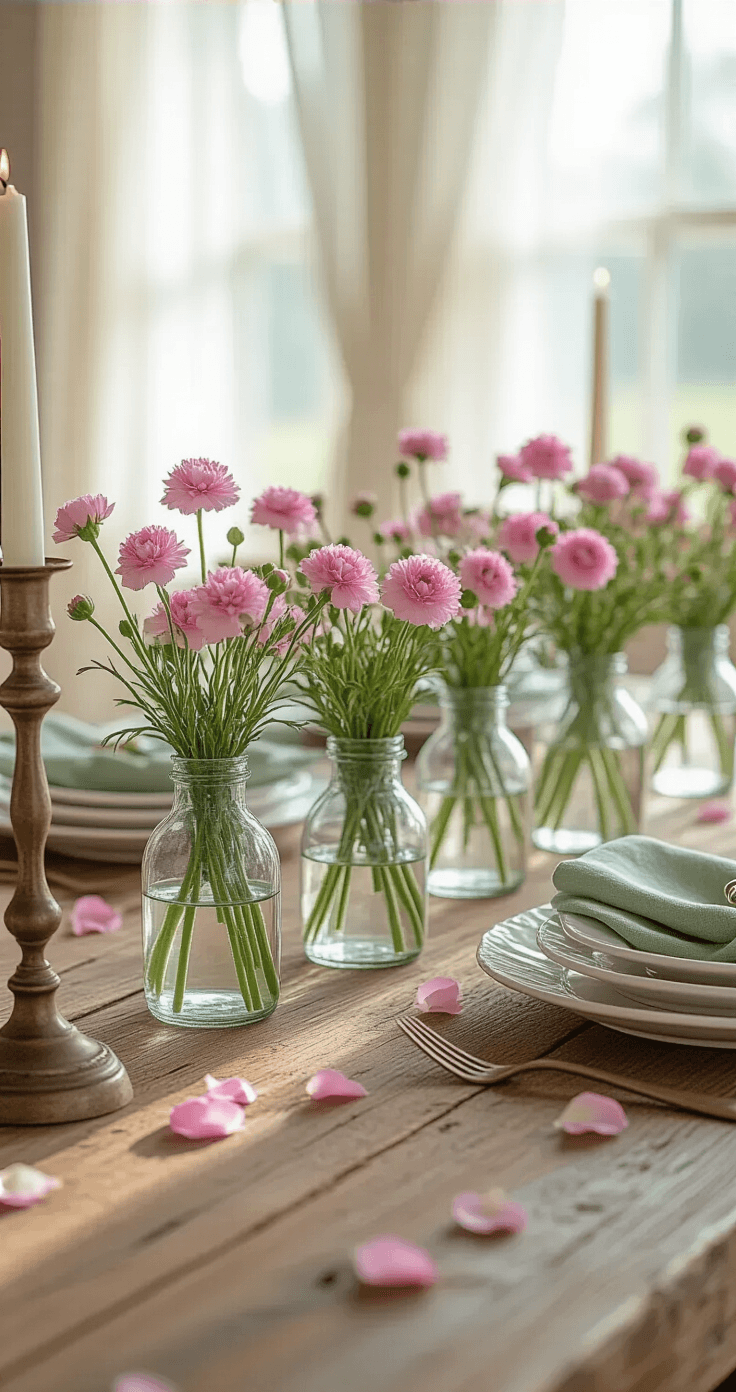 The Pink Flower Garden You've Been Dreaming About (And How to Actually Grow It) Close-up of a rustic farmhouse dining room table adorned with small glass vases of pink dianthus and ranunculus, surrounded by vintage brass candlesticks, sage green linen napkins, and white ironstone dishes, with morning light filtering through gauzy white curtains, casting soft shadows and highlights on the reclaimed wood surface sprinkled with pink flower petals.