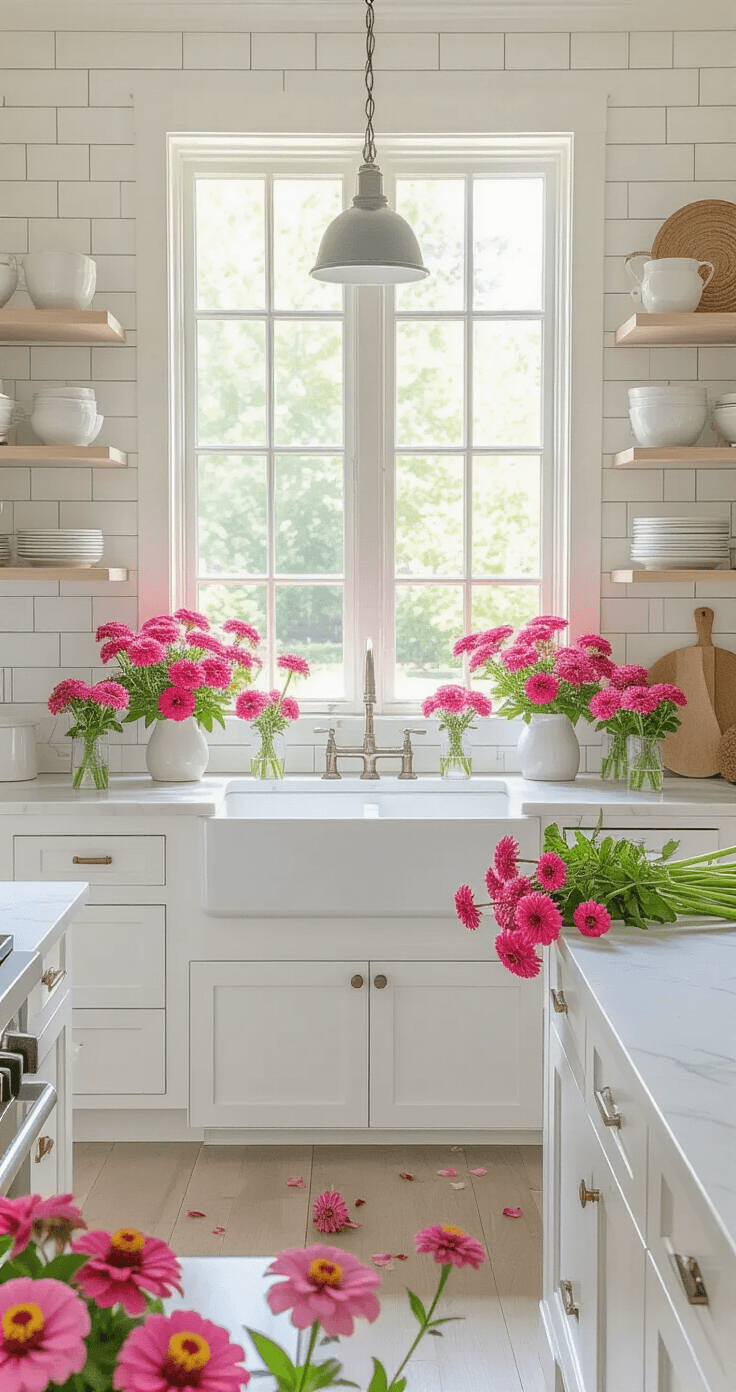 The Pink Flower Garden You've Been Dreaming About (And How to Actually Grow It) Overhead view of a bright white kitchen featuring pink zinnia arrangements, large windows, a farmhouse sink filled with flowers, white subway tile, marble countertops, open shelving with ceramics and bud vases, and scattered petals and garden tools, showcasing a clean galley layout with vaulted ceilings.