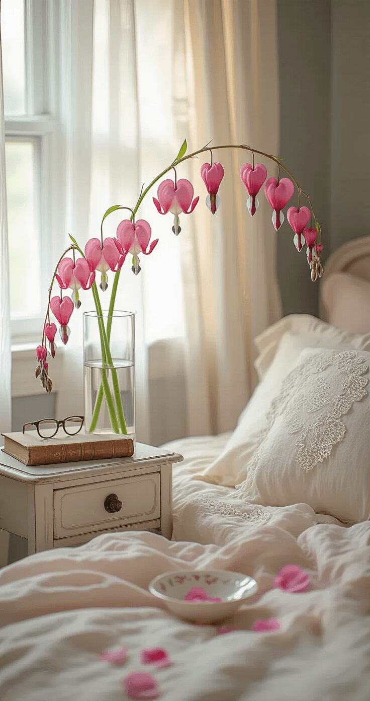 The Pink Flower Garden You've Been Dreaming About (And How to Actually Grow It) Intimate bedroom corner with bleeding heart stems in a tall glass vase on a vintage nightstand, soft afternoon light filtering through sheer linen curtains, layered bedding in cream and blush tones, walls painted warm gray with pink undertones, and additional vintage decor.
