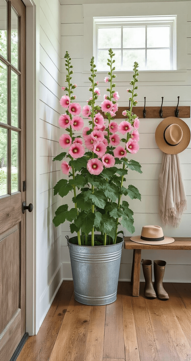 The Pink Flower Garden You've Been Dreaming About (And How to Actually Grow It) A dramatic entryway features tall pink hollyhock stems in a galvanized metal bucket beside a rustic wooden bench, illuminated by natural light from a transom window above a vintage farmhouse door. The foyer showcases honey oak hardwood floors and soft white shiplap walls, with iron coat hooks displaying linen scarves. Muddy garden boots and a wide-brim hat hint at freshly picked flowers, while the impressive height of the hollyhocks contrasts with the cottage-style architecture and 12-foot ceilings.
