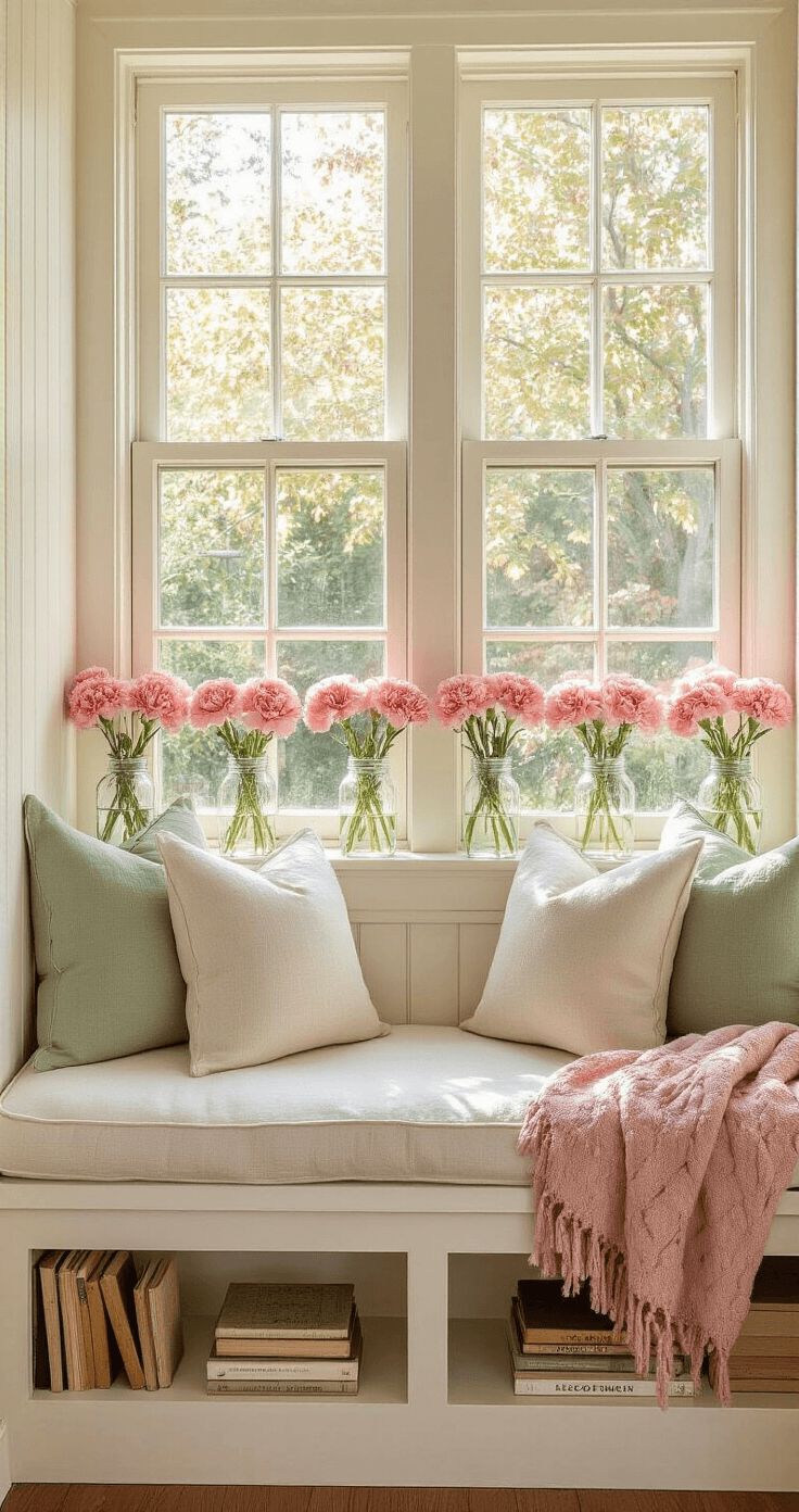 The Pink Flower Garden You've Been Dreaming About (And How to Actually Grow It) Cozy reading nook with a built-in window seat adorned with pink carnations in vintage mason jars, bathed in warm golden light. White-painted built-ins with beadboard backing hold scattered vintage books, while soft cream and sage cushions, a dusty rose wool throw, and delicate florals create an inviting atmosphere.