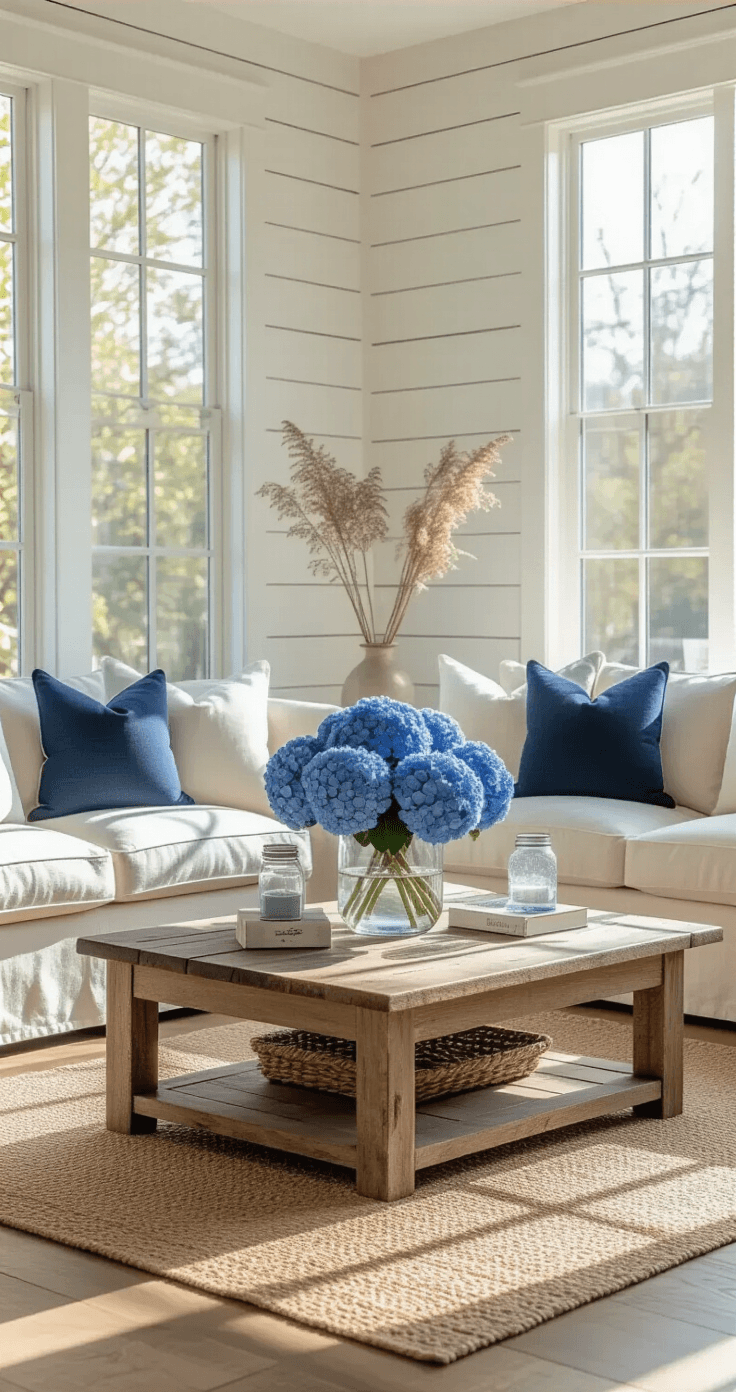 Blue Flowers: The Complete Guide to Nature's Most Coveted Garden Treasures A serene living room filled with soft morning light, featuring cream linen sofas, a rustic oak coffee table adorned with blue hydrangeas, and vintage mason jars with forget-me-nots, all set against weathered white shiplap walls and honey-toned hardwood floors.
