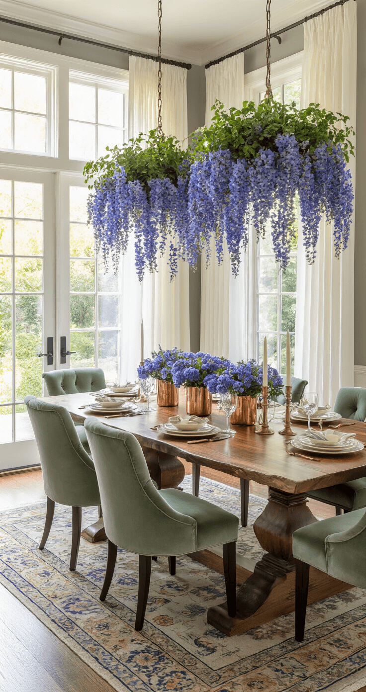 Blue Flowers: The Complete Guide to Nature's Most Coveted Garden Treasures Elegant dining room during golden hour featuring blue plumbago arrangements in copper vessels on a live-edge walnut table, with garden views through floor-to-ceiling windows, warm amber light, and décor elements like a crystal chandelier, sage green velvet chairs, blue cornflowers in crystal vases, brass candlesticks, and a vintage Persian rug.