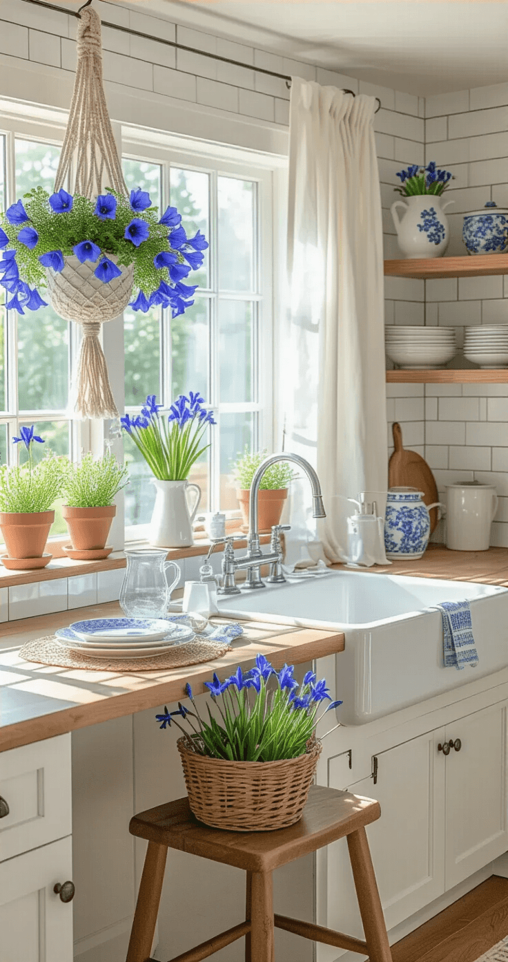 Blue Flowers: The Complete Guide to Nature's Most Coveted Garden Treasures A sunlit kitchen nook featuring blue bellflowers in macrame planters, a breakfast table set for two, white subway tiles, butcher block countertops, and an array of white dishes and blue pottery on open shelves. A farmhouse sink holds blue iris stems, surrounded by gentians in terracotta pots on the windowsill, framed by natural linen curtains. A vintage stool with a basket of blue columbine adds charm to the Scandinavian-inspired design.