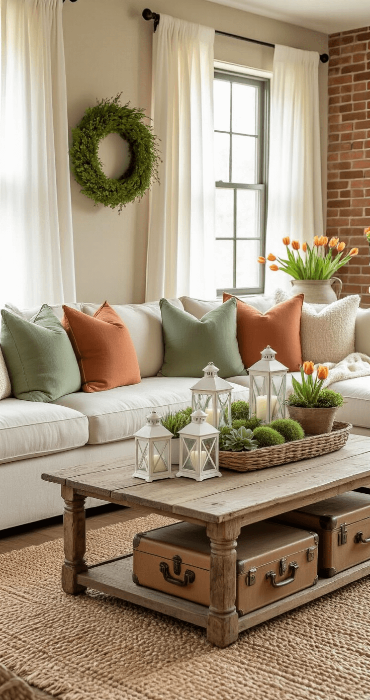 DIY Spring Decor That'll Make Your Home Bloom Without Breaking the Bank Photorealistic interior of a cozy living room featuring a cream linen sectional sofa with sage green and terracotta throw pillows, a rustic coffee table with white lanterns and faux succulents, vintage suitcases, and a woven jute rug, all bathed in warm golden hour light filtering through sheer white curtains.