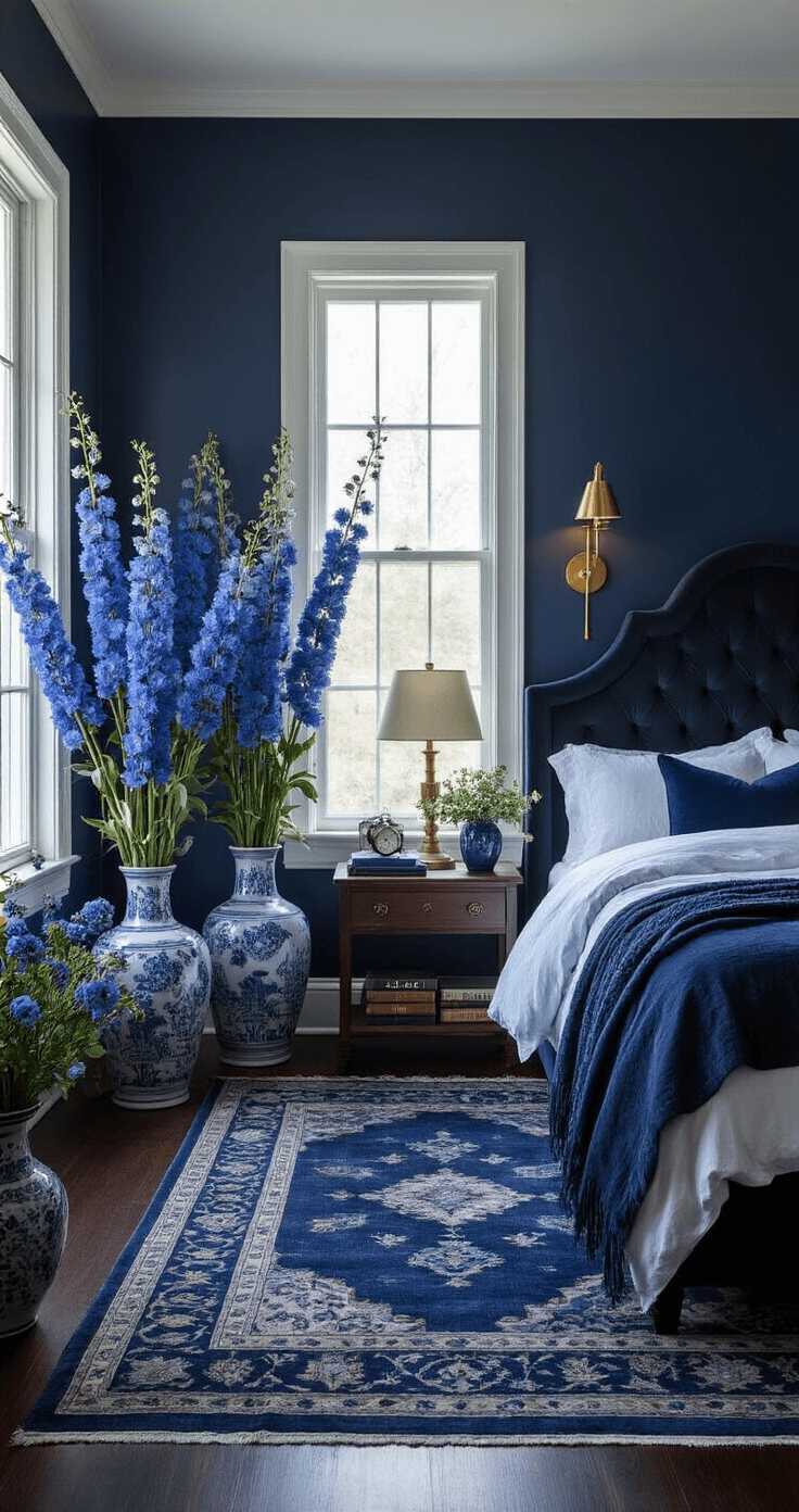 Blue Flowers: The Complete Guide to Nature's Most Coveted Garden Treasures A sophisticated master bedroom at twilight featuring dramatic blue delphinium arrangements beside a tufted charcoal velvet headboard, deep navy accent walls, white bedding with indigo throws, warm brass sconces, and a vintage midnight blue Persian rug, all exuding an intimate atmosphere.