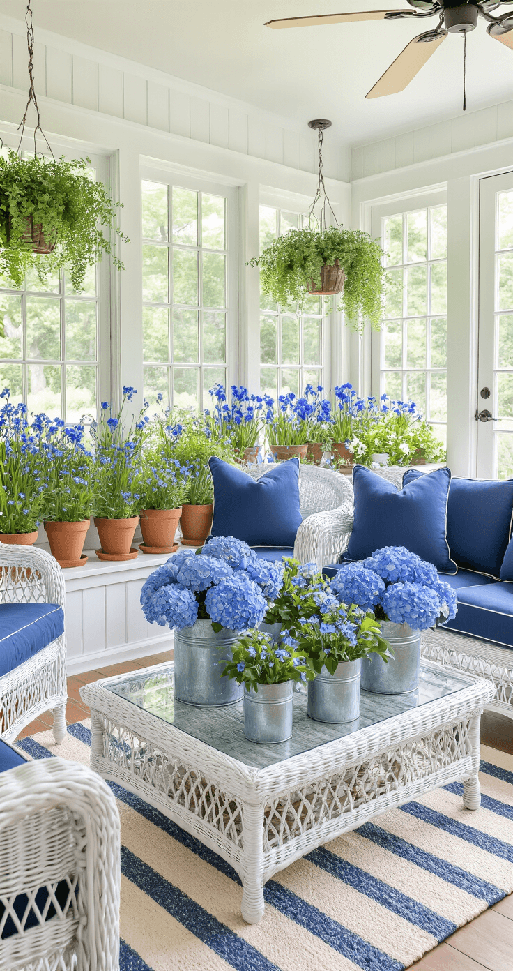Blue Flowers: The Complete Guide to Nature's Most Coveted Garden Treasures A sunroom filled with morning light showcases a botanical collection of blue flowers in various vessels, white wicker furniture with navy cushions, and a glass coffee table adorned with blue hydrangeas, surrounded by colorful pots and unique vases, creating a vibrant living space.