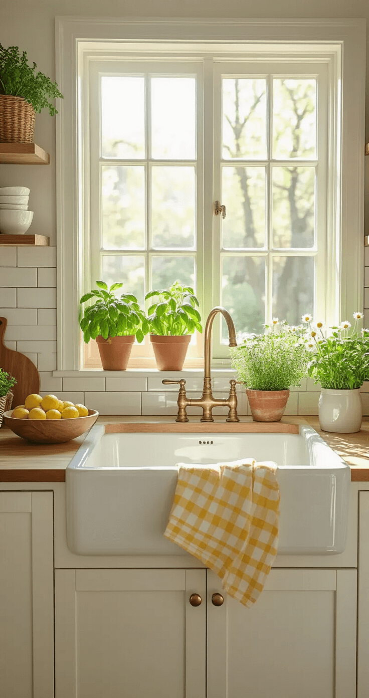 DIY Spring Decor That'll Make Your Home Bloom Without Breaking the Bank Photorealistic kitchen interior with bright morning light, farmhouse sink, herb garden in terracotta pots, white subway tile backsplash, butcher block countertops with a bowl of lemons and limes, spring-colored dish towels, mason jars with daisies, open shelving with white ceramic dishes and potted plants, creating a warm and inviting atmosphere.