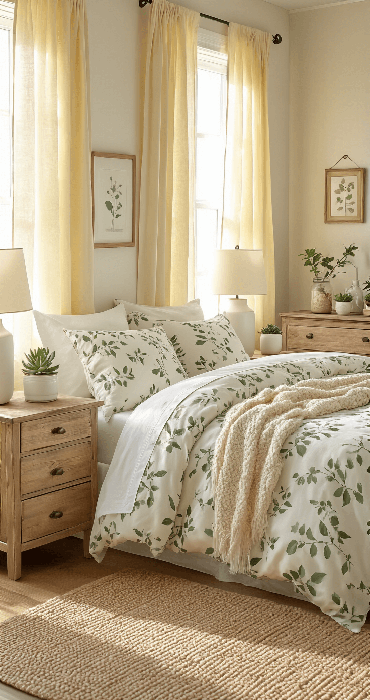 DIY Spring Decor That'll Make Your Home Bloom Without Breaking the Bank Photorealistic bedroom sanctuary with soft morning light, featuring a queen bed with a botanical duvet cover, layered throw blanket, reclaimed wood nightstands, potted succulents, ceramic lamps, vintage wall-mounted dresser, mason jar paper flowers, small botanical prints, hardwood floors, and a braided jute rug, conveying cozy intimacy and spring freshness.