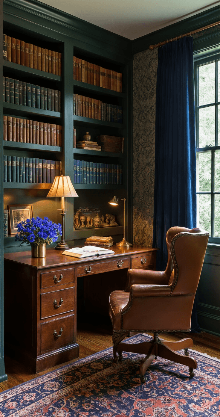 Blue Flowers: The Complete Guide to Nature's Most Coveted Garden Treasures A sophisticated study corner illuminated by warm lamplight, featuring a mahogany desk adorned with deep blue gentians, surrounded by forest green built-in bookshelves and a cognac brown leather wingback chair, layered Persian rugs, and accented by vintage books and blue bellflowers in brass vessels, all draped in rich velvet curtains and subtle damask wallpaper.