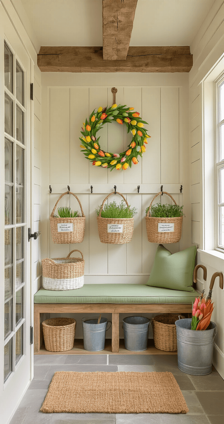 DIY Spring Decor That'll Make Your Home Bloom Without Breaking the Bank Photorealistic mudroom entrance with late afternoon light highlighting a cheerful organization system featuring white hooks and woven baskets, a reclaimed wood bench with sage green cushions, built-in cubbies with terracotta planters, handmade tulip wreath, vintage galvanized buckets for umbrellas, and shiplap walls, all under an exposed beam ceiling.
