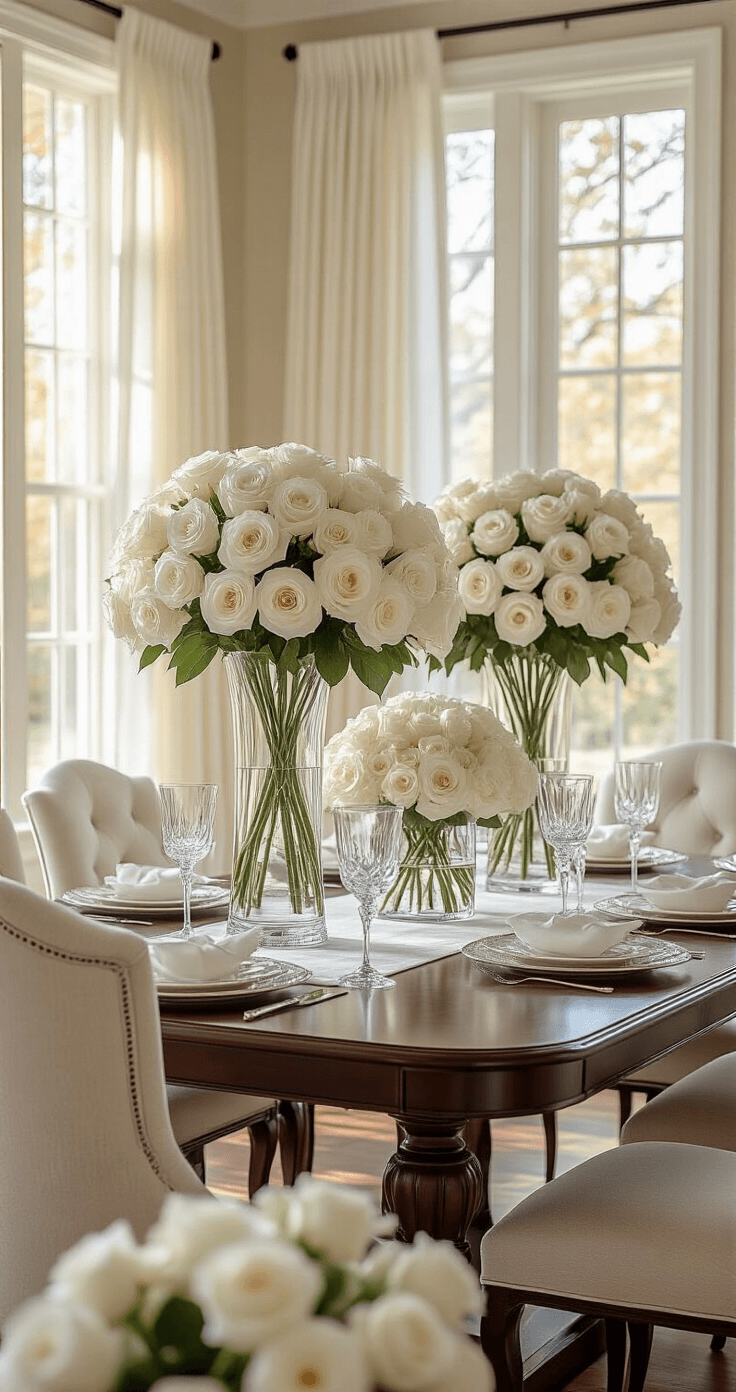 White Flowers That'll Transform Your Home Into a Serene Sanctuary Photorealistic interior of a sophisticated dining room featuring a dark mahogany table with cream upholstered chairs, adorned with crystal vases of white roses as centerpieces, bathed in warm natural light during golden hour.