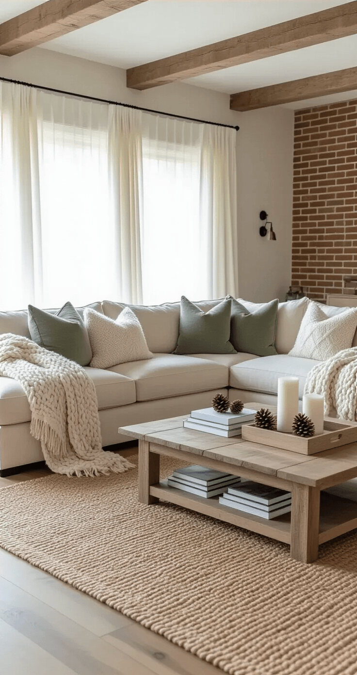 How I Transform My Home Into a Winter Sanctuary Without Breaking the Bank Interior photo of a cozy modern living room with neutral winter decor, featuring a cream and taupe sectional sofa with chunky throw blankets and faux fur pillows, sage green accent pillows, natural light through sheer curtains, hardwood floors, a jute rug, reclaimed wood coffee table, and a brick accent wall.