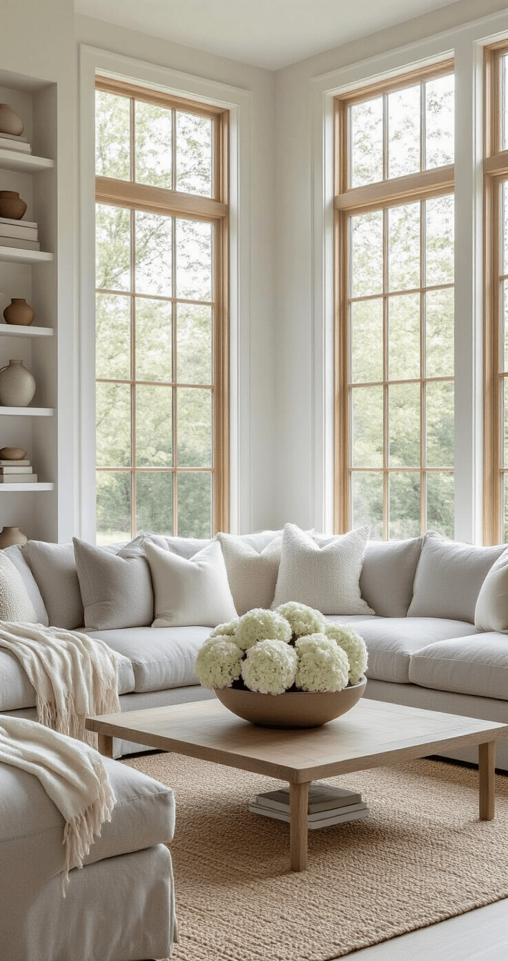 White Flowers That'll Transform Your Home Into a Serene Sanctuary Photorealistic living room featuring romantic white hydrangea arrangements in a cozy setting, with a gray sectional sofa, white oak coffee table, and natural wood framed windows illuminating the space with warm afternoon light.
