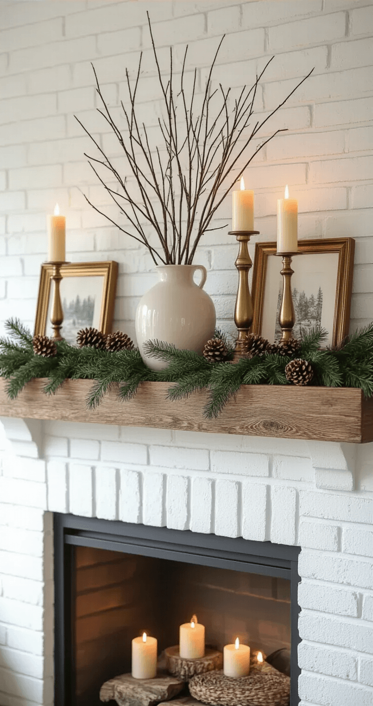 How I Transform My Home Into a Winter Sanctuary Without Breaking the Bank Intimate fireplace mantel decorated with evergreen garland, brass candlesticks, and birch branches, illuminated by soft candlelight in a cozy winter evening setting.