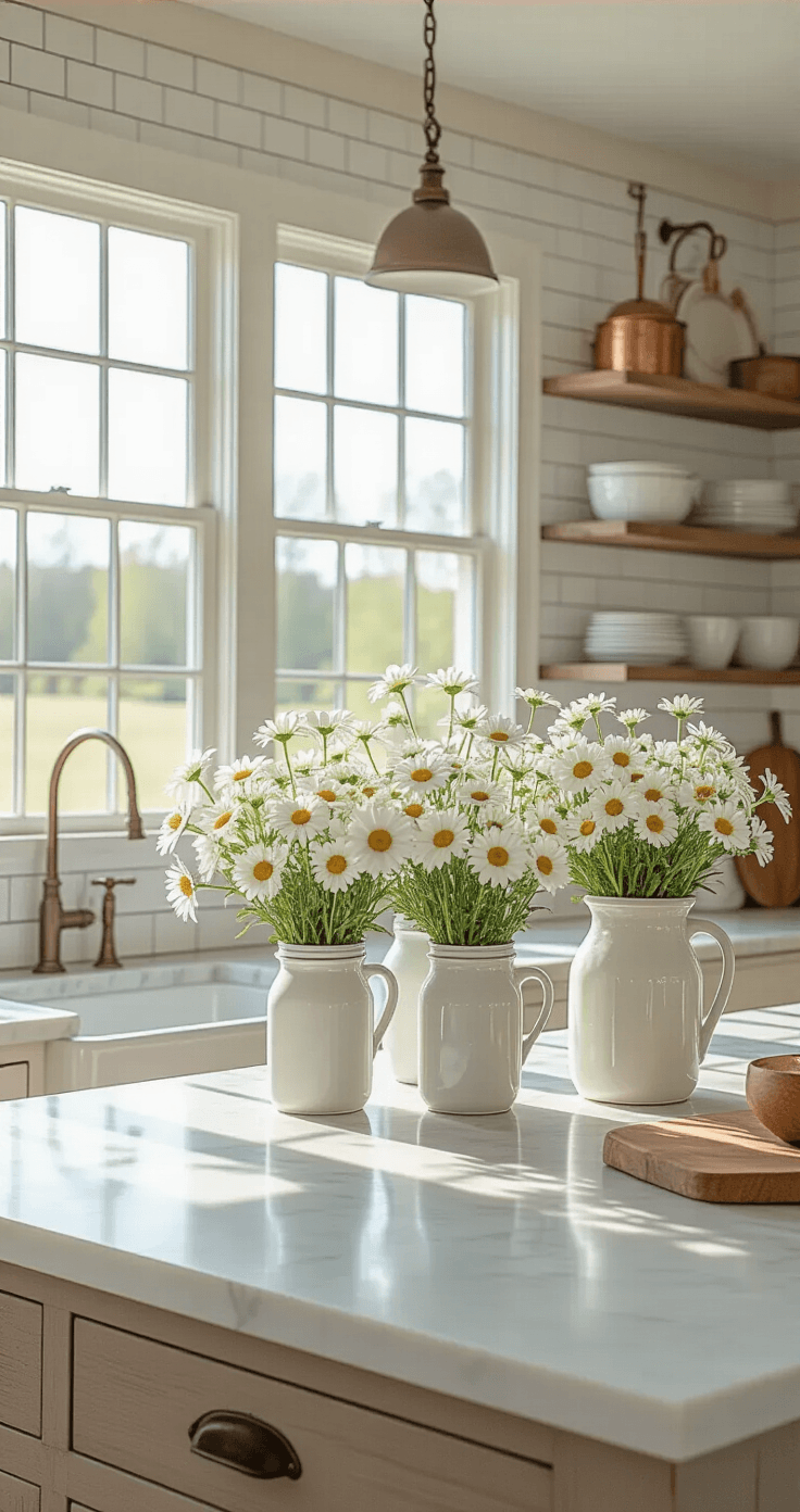 White Flowers That'll Transform Your Home Into a Serene Sanctuary Photorealistic kitchen interior featuring cheerful white daisy arrangements, bright midday light, a marble-topped island with mason jars and ceramic pitchers, white subway tile backsplash, open shelving with dishware, hanging copper pots, and a vintage wooden cutting board, creating an airy atmosphere.