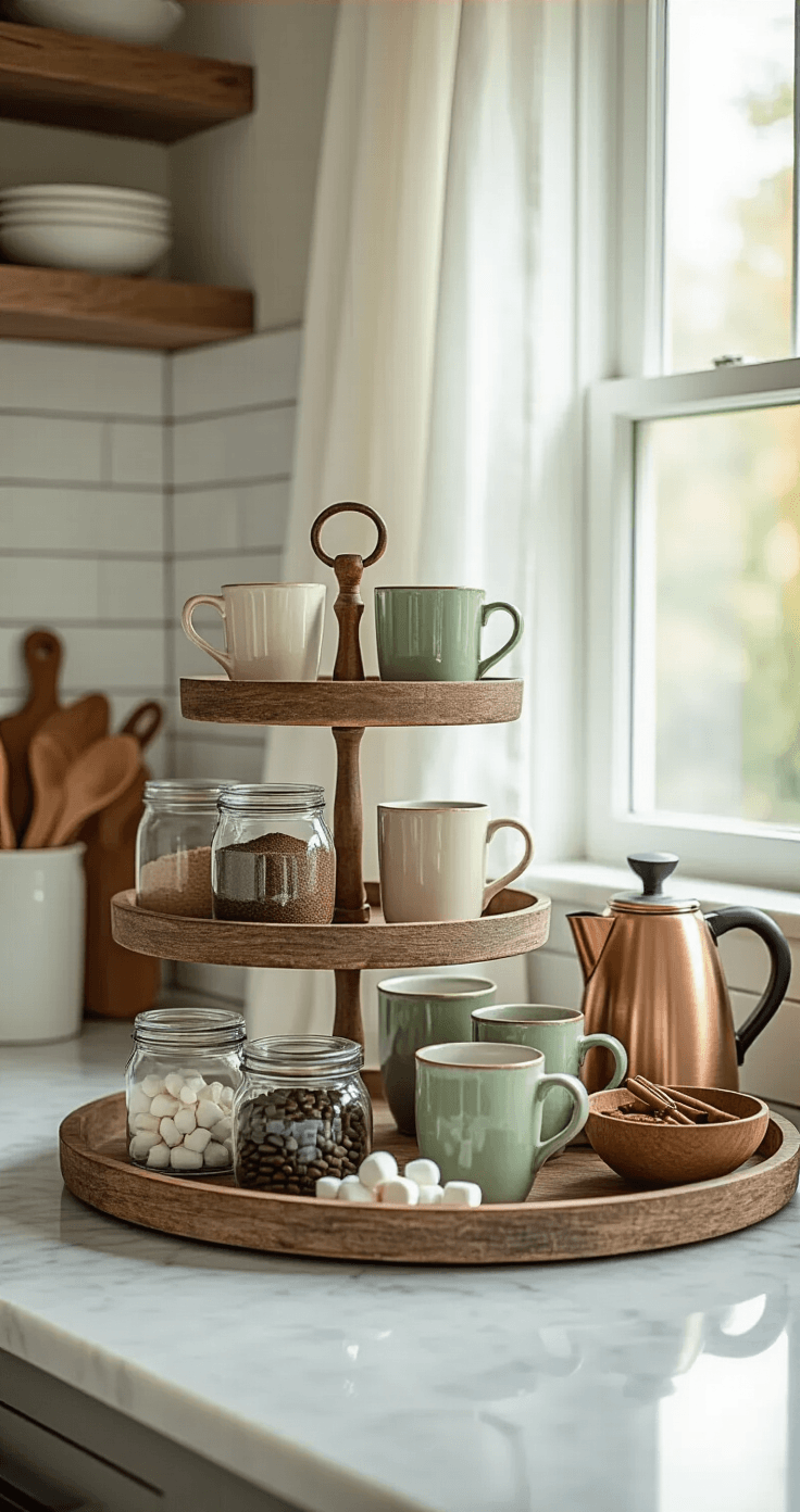 How I Transform My Home Into a Winter Sanctuary Without Breaking the Bank A cozy kitchen counter vignette featuring a rustic three-tier wooden tray with vintage ceramic mugs in cream and sage, glass jars of cocoa, tea, and coffee, a copper kettle, and a bowl of cinnamon sticks and mini marshmallows, all illuminated by afternoon natural light.