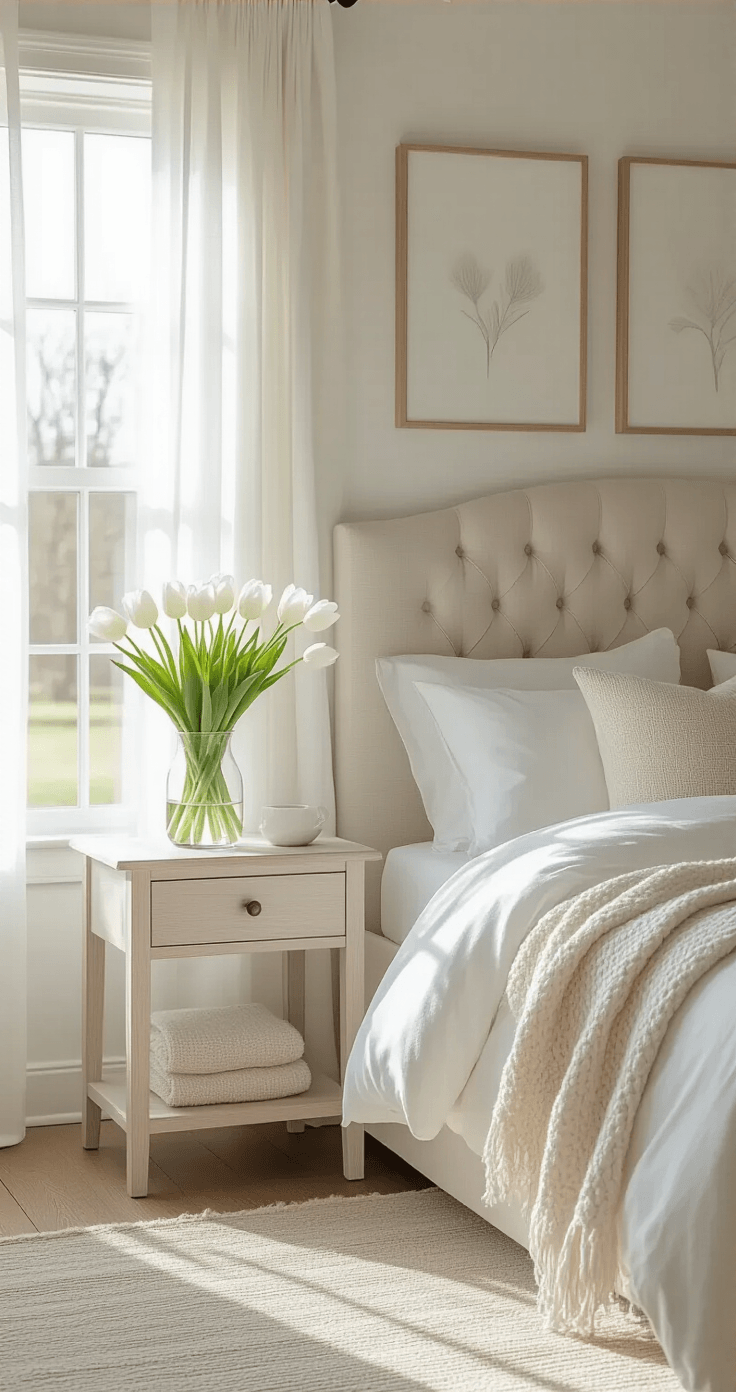 White Flowers That'll Transform Your Home Into a Serene Sanctuary Photorealistic bedroom scene with white tulip arrangements, soft morning light, white linen curtains, a white oak nightstand, tufted linen headboard, crisp white bedding, cream wool throw, and neutral area rug, all emphasizing a serene, peaceful atmosphere.
