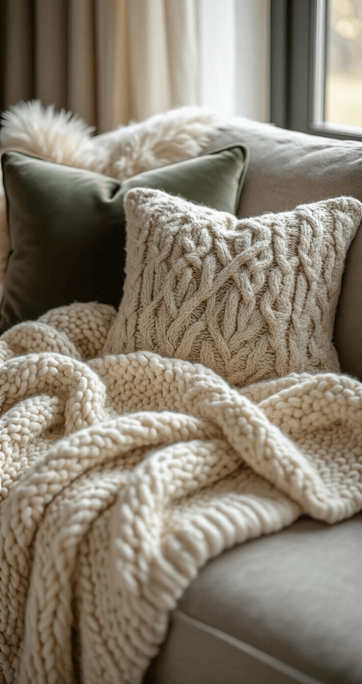 How I Transform My Home Into a Winter Sanctuary Without Breaking the Bank Macro photography of layered winter textures on a neutral sofa, featuring a cream chunky knit blanket, taupe cable-knit throw pillow, and a muted sage green velvet cushion, illuminated by soft morning light, with an emphasis on fabric details and cozy aesthetics.