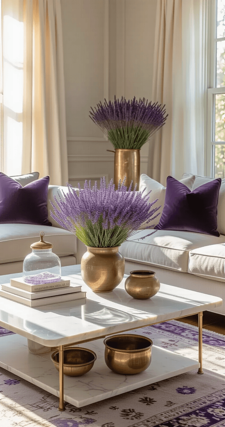Purple Flowers: Your Complete Guide to Growing Nature's Most Enchanting Blooms Medium shot of an elegant living room with a lavender-themed arrangement on a white marble coffee table, warm golden hour light filtering through sheer curtains onto a dove gray linen sofa with amethyst throw pillows, vintage brass planters with fresh lavender, cream textured walls, polished hardwood floors, and a muted Persian rug, capturing a serene morning atmosphere with soft shadows and botanical details.