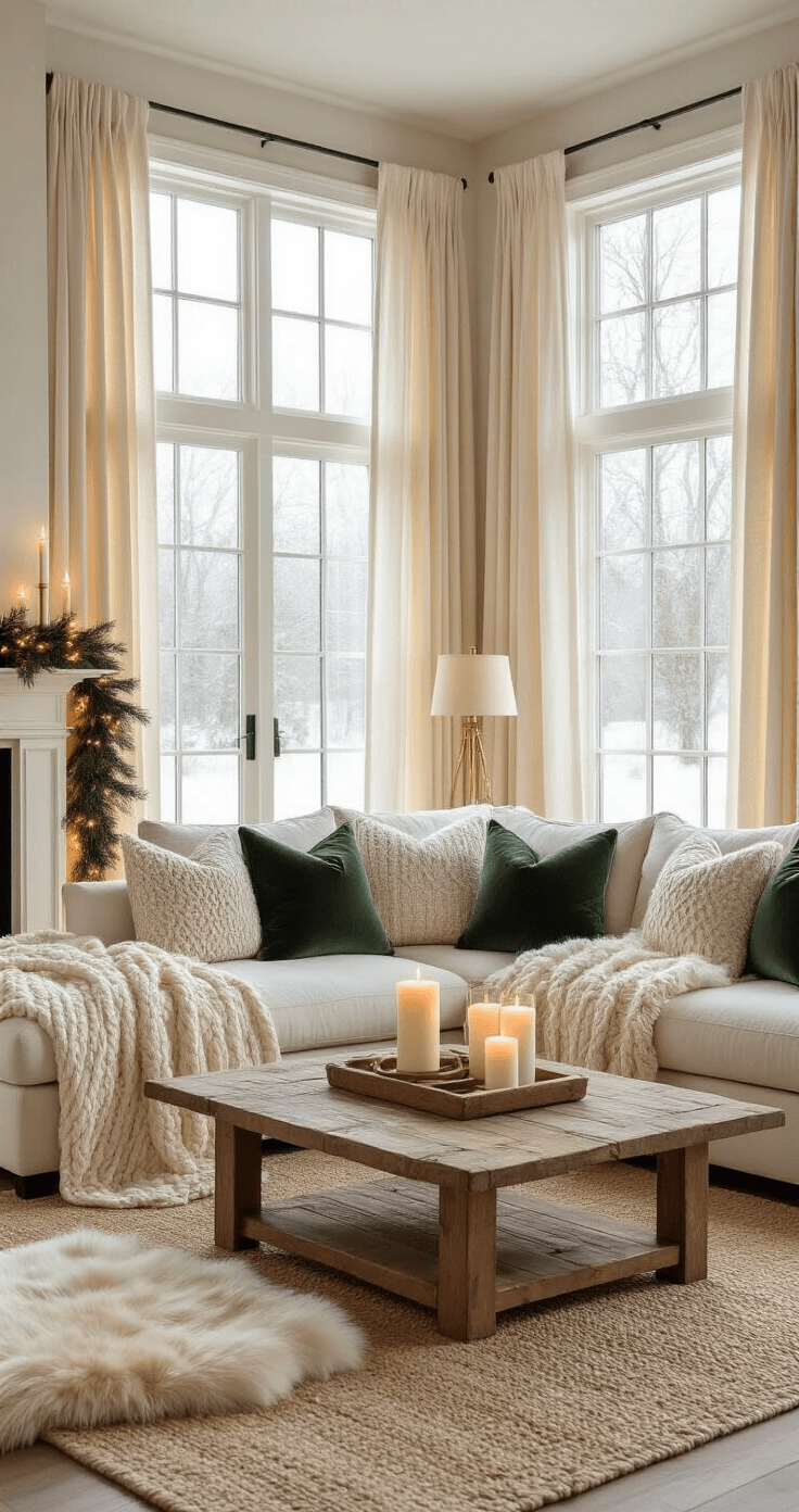 How to Turn Your Home into a Cozy Winter Haven (Without Breaking the Bank) A cozy winter living room featuring a plush white sectional sofa adorned with cream and beige throws, deep green velvet pillows, and a faux fur blanket, illuminated by soft afternoon light through sheer curtains, with a sheepskin rug on a jute rug and ambient lighting from a brass lamp and candles.