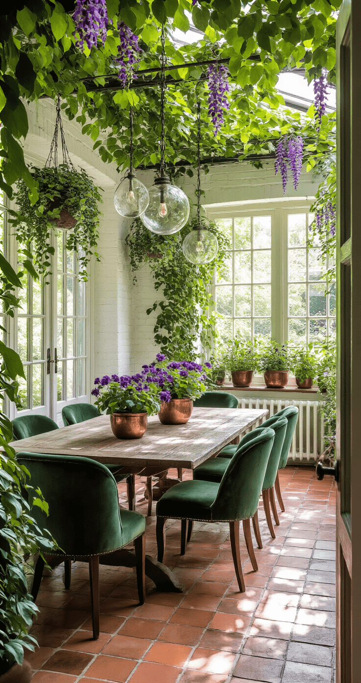 Purple Flowers: Your Complete Guide to Growing Nature's Most Enchanting Blooms Wide angle view of a sunlit garden room conservatory featuring climbing clematis vines, vintage white-washed brick walls, reclaimed wood dining table with purple blooms in antique copper vessels, emerald green velvet dining chairs, and terra cotta tile flooring, all beautifully illuminated by dappled sunlight.