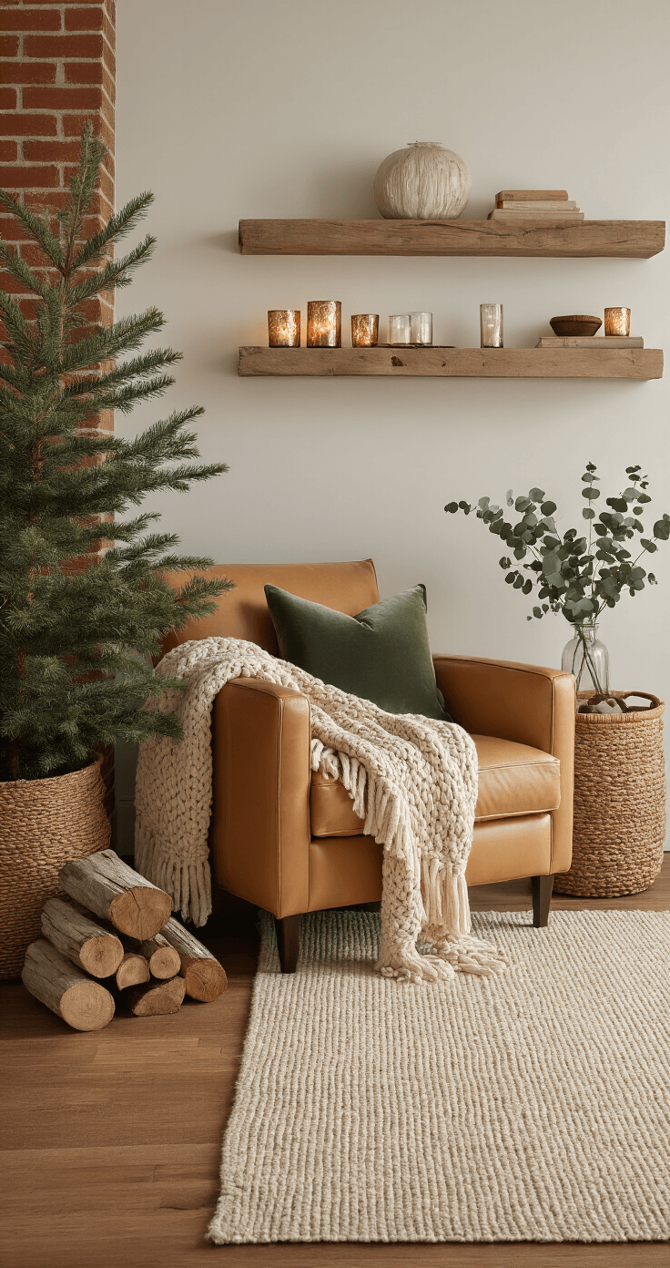 How to Turn Your Home into a Cozy Winter Haven (Without Breaking the Bank) An intimate bedroom corner with a tan leather armchair draped in an oatmeal knit throw, muted sage green velvet pillows, a Norfolk pine in a woven basket, eucalyptus branches in a glass vase on a rustic side table, candlelight from mercury glass votives, overlapping cream wool and jute rugs on hardwood floors, and birch logs in a decorative basket against warm white exposed brick walls, illuminated by soft natural light and warm artificial light.