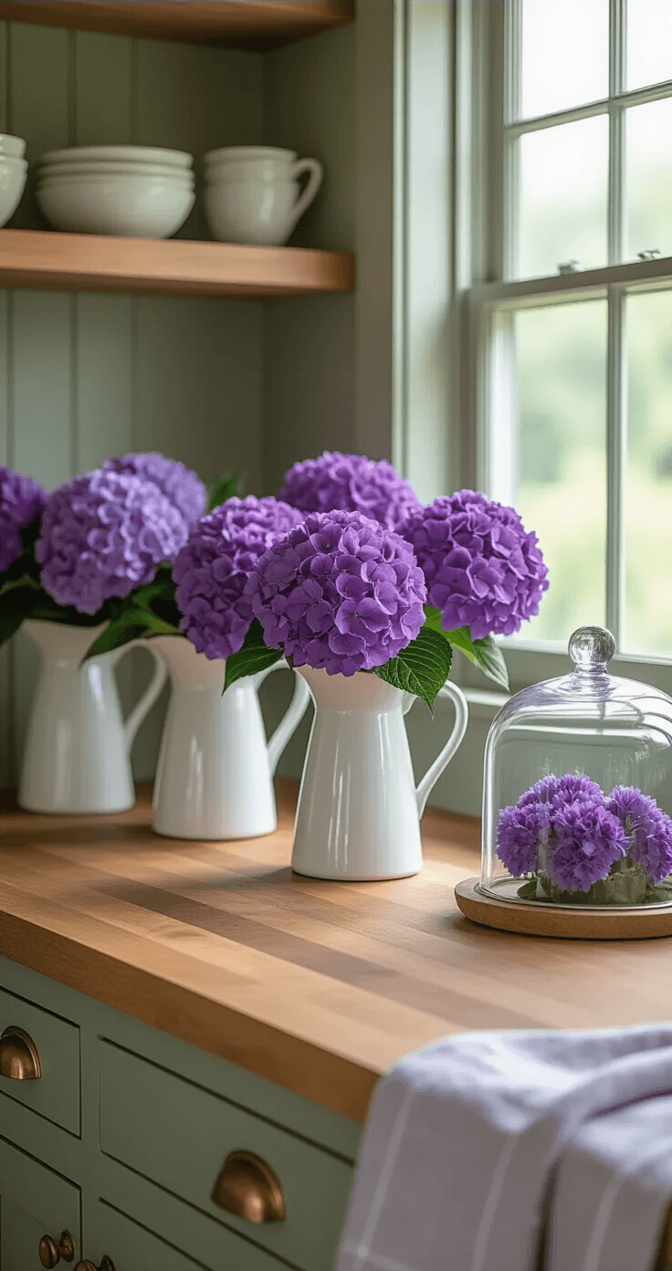 Purple Flowers: Your Complete Guide to Growing Nature's Most Enchanting Blooms Close-up of a modern farmhouse kitchen featuring purple hydrangea arrangements in white ceramic pitchers on open shelving, illuminated by soft morning light, with sage green shiplap walls and butcher block countertops, showcasing vintage glass cloches and lavender gray linen tea towels, all in a layered botanical styling.