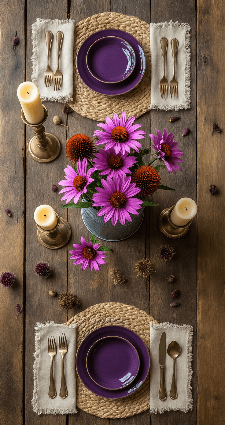 Purple Flowers: Your Complete Guide to Growing Nature's Most Enchanting Blooms Flat lay of a rustic wooden dining table featuring purple coneflower centerpieces in galvanized containers, vintage brass candlesticks with cream candles, handwoven linen placemats, purple-rimmed dishware, and scattered seed pods, all set against a weathered wood background.