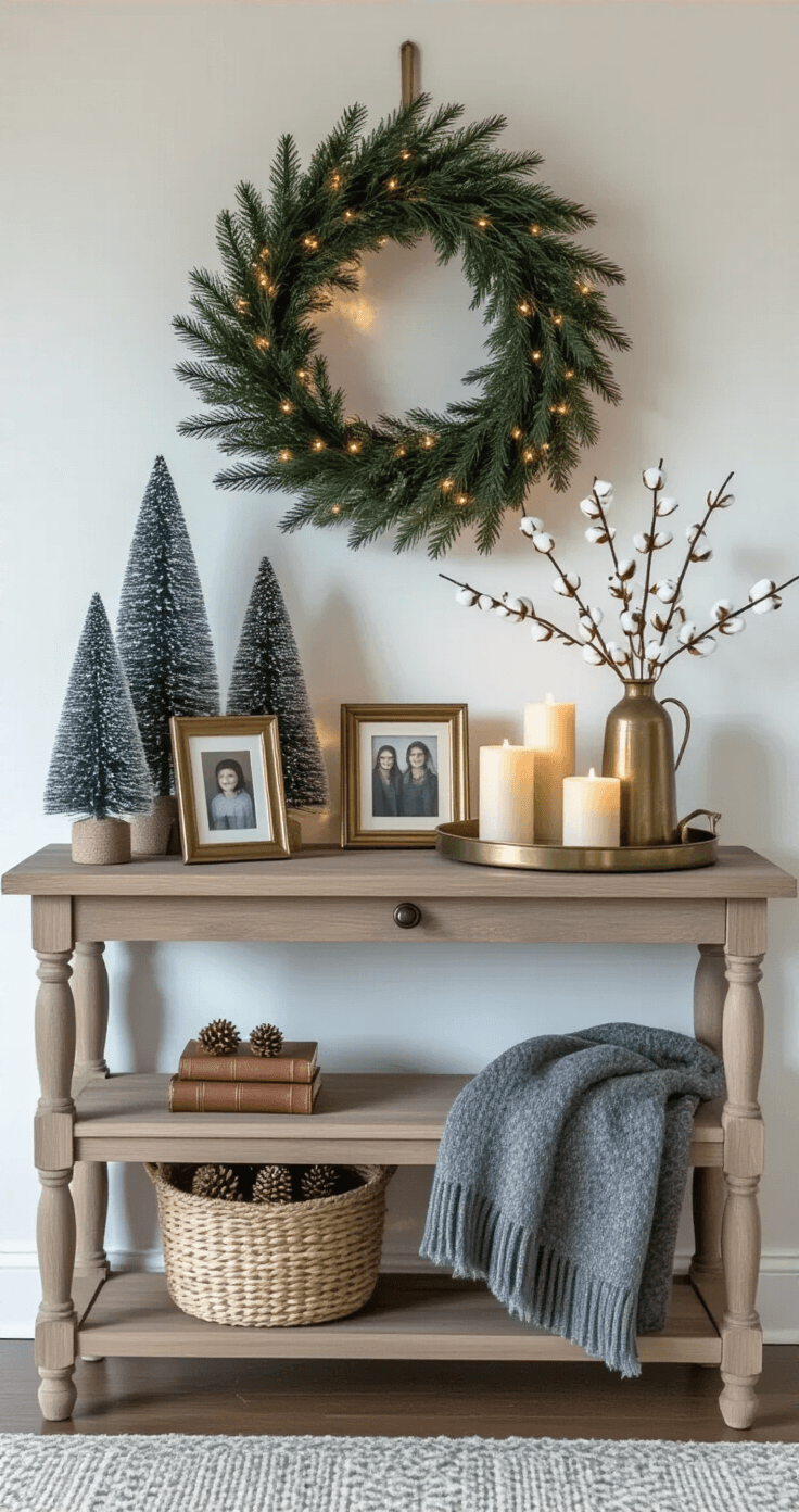 How to Turn Your Home into a Cozy Winter Haven (Without Breaking the Bank) A cozy entryway vignette during blue hour, featuring a weathered oak console table adorned with a winter scene of flocked trees, pillar candles, family photos, and leather-bound books, illuminated by warm interior lighting and an evergreen wreath with fairy lights above.