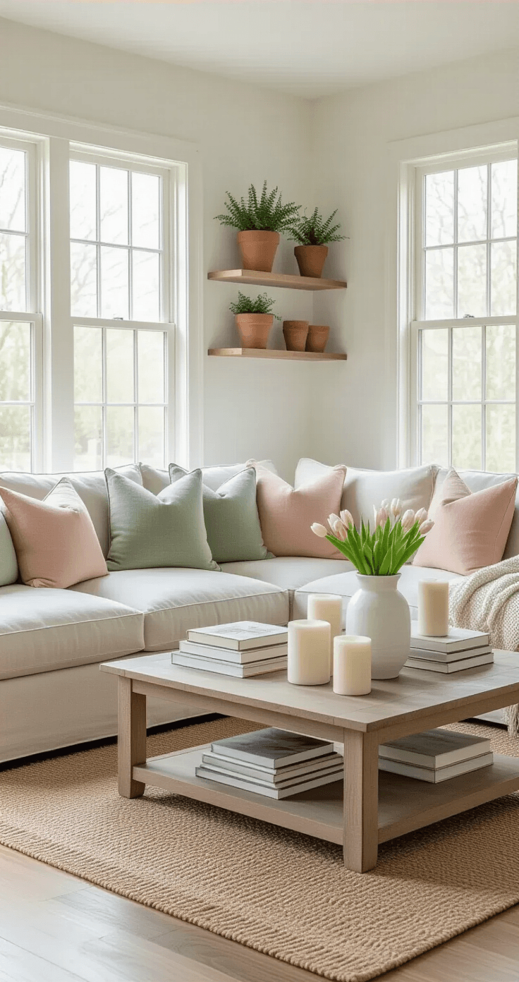 Spring Home Decor: How I Bring Garden Magic Indoors Without Breaking the Bank Photorealistic interior shot of a bright living room featuring a neutral linen sectional sofa with sage green and blush pink throw pillows, a coffee table with botanical books and cream candles, and fresh tulips in vases, all bathed in soft natural light.