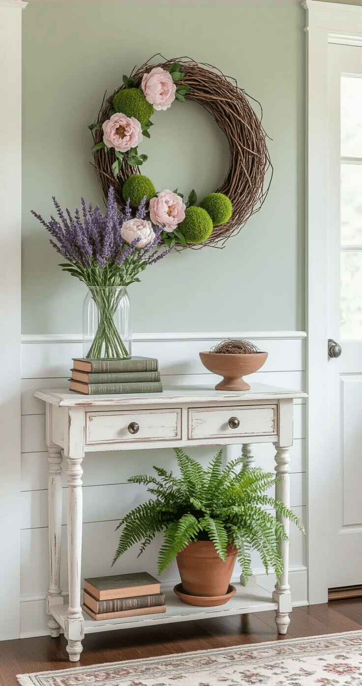 Spring Home Decor: How I Bring Garden Magic Indoors Without Breaking the Bank Photorealistic entryway vignette featuring a distressed white console table against a soft gray-green wall, adorned with a large grapevine wreath and styled with lavender, a vintage book, and a wooden key bowl, complemented by a live Boston fern and hardwood floors, creating a fresh, elegant atmosphere.