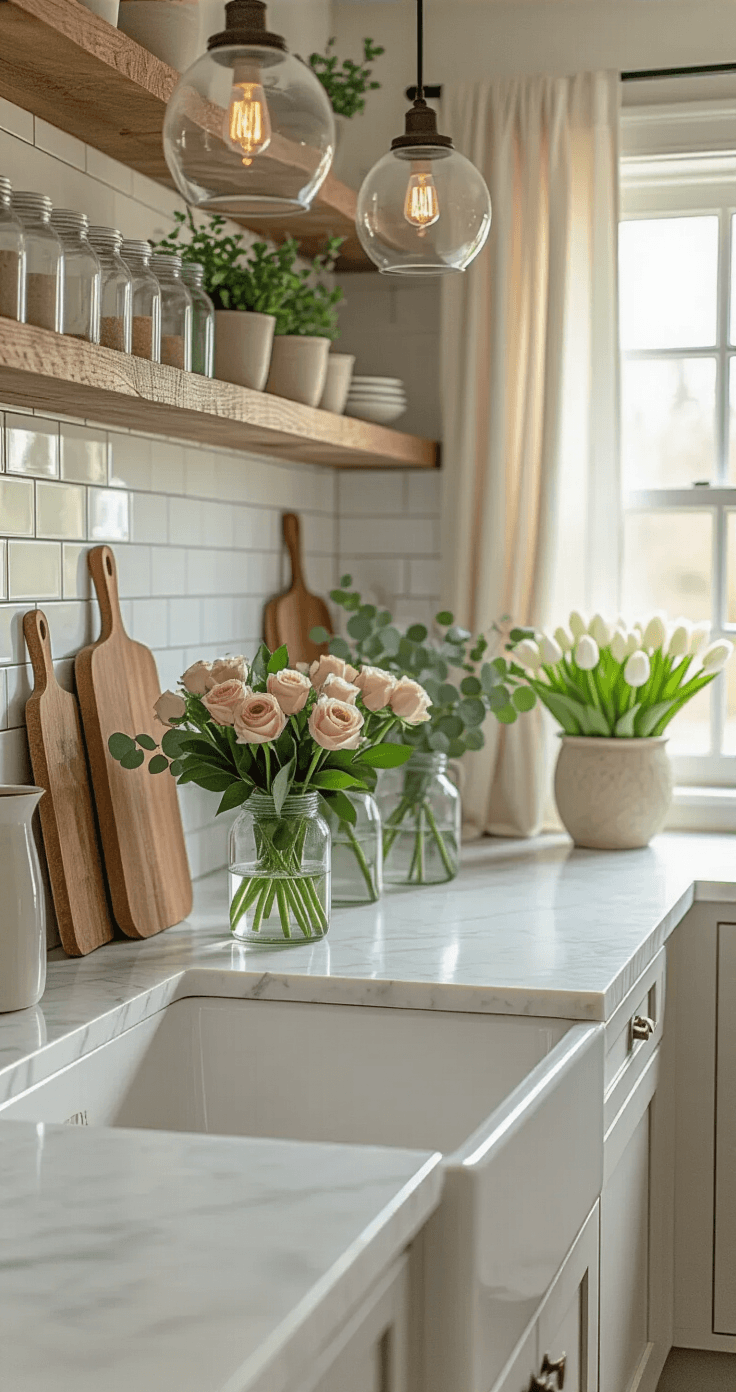 Spring Home Decor: How I Bring Garden Magic Indoors Without Breaking the Bank Photorealistic kitchen counter scene with white marble countertops, open shelving displaying glass vases with roses and eucalyptus, terracotta pots with herbs, vintage cutting boards, farmhouse sink with linen curtains, and ambient lighting from pendant lights, capturing a cozy and organized spring-fresh workspace.
