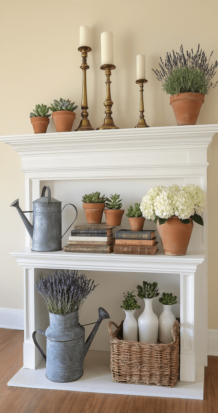 Spring Home Decor: How I Bring Garden Magic Indoors Without Breaking the Bank Photorealistic mantel styling showcasing a white fireplace surrounded by traditional molding, adorned with layered decorative items including aged brass candlesticks, vintage books, terracotta vessels with dried lavender, and white ceramic bud vases, all captured in soft afternoon lighting that highlights the warm cream walls and curated bookcases.