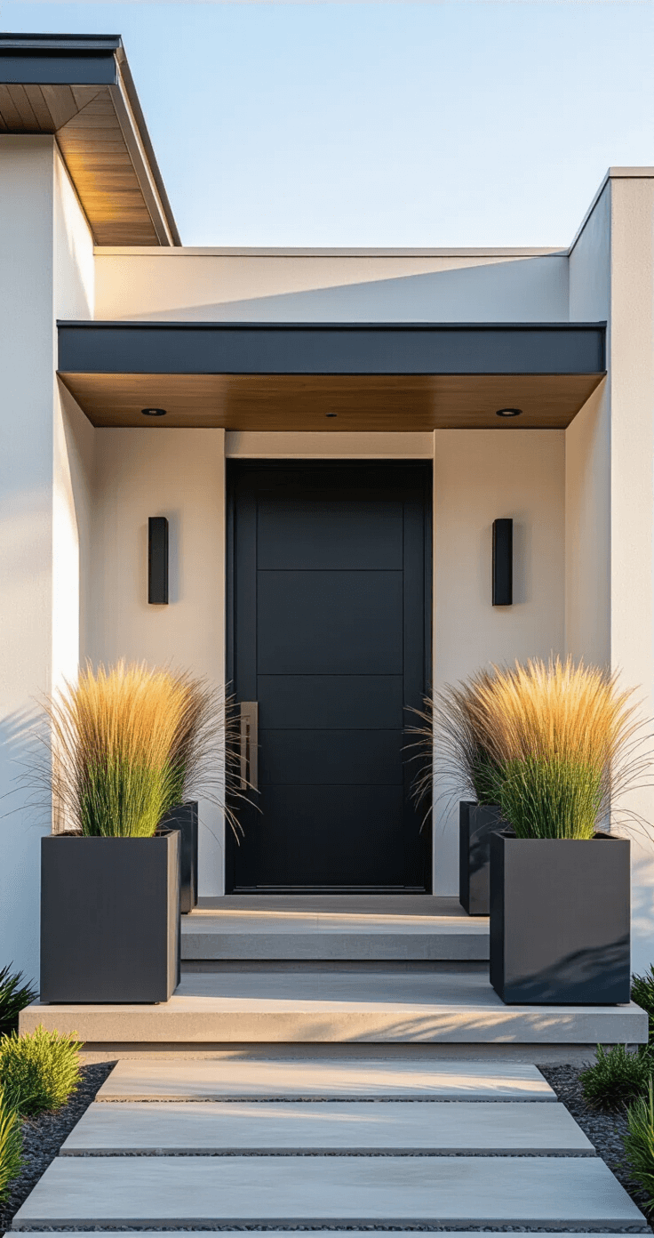 Modern Front Porch Planters That'll Make Your Neighbors Actually Stop and Stare Photorealistic image of a modern home's entrance at golden hour, featuring large charcoal gray cube planters with ornamental grasses, a sleek black front door, and warm shadows on honey-toned concrete steps, highlighting minimalist architecture with white stucco walls.
